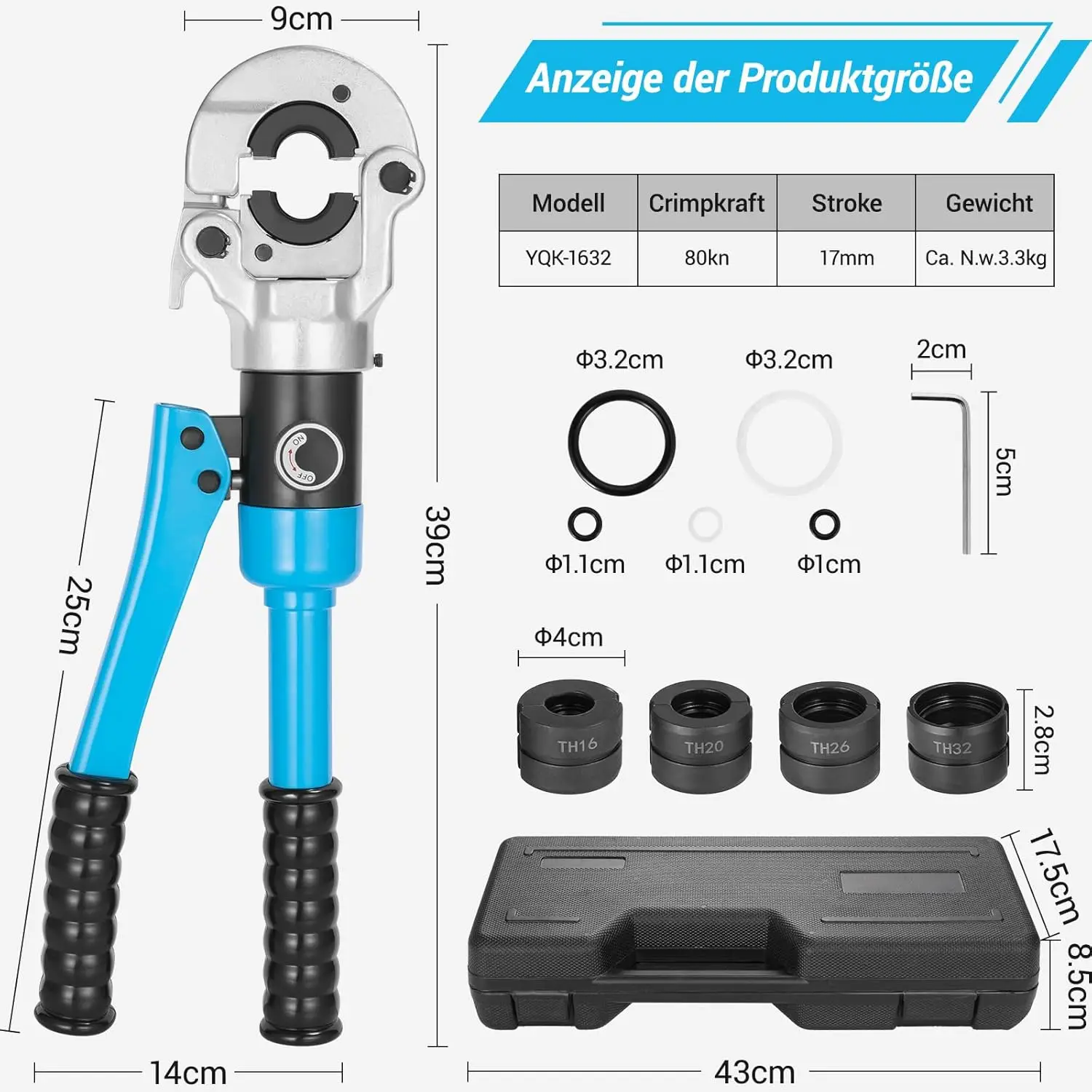 TLGREEN Hydraulic Pipe Crimping Tool with TH16 20 26 32mm Shapes with 360° Rotating Head 16T for Copper/Alu Plastic/Pex/PB Pipe