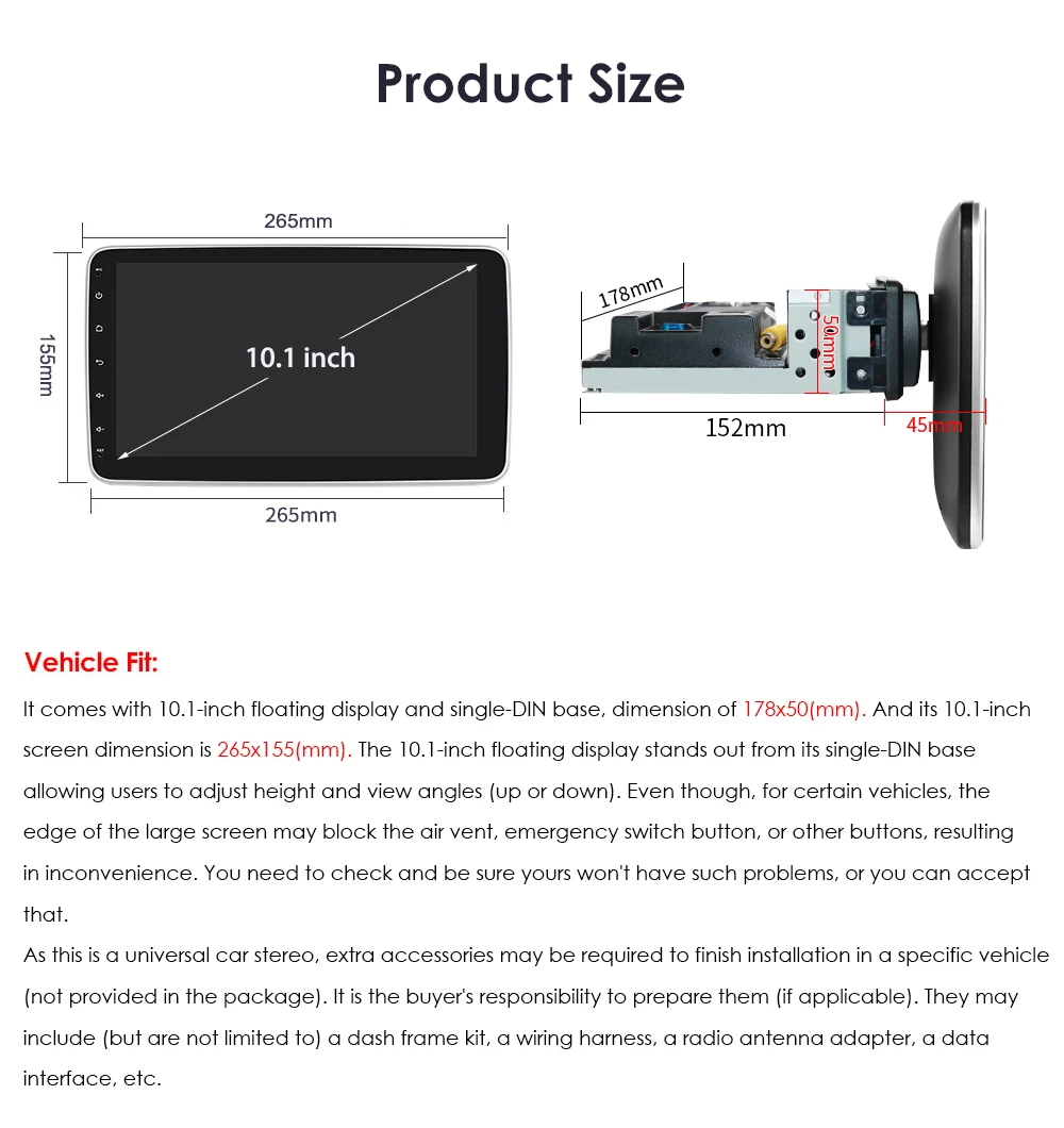 10.1" HIZPO 1Din Universal Android Auto Car Radio 360° Rotatable Screen Multimedia Headunit 4G CarPlay RDS DSP GPS Navi