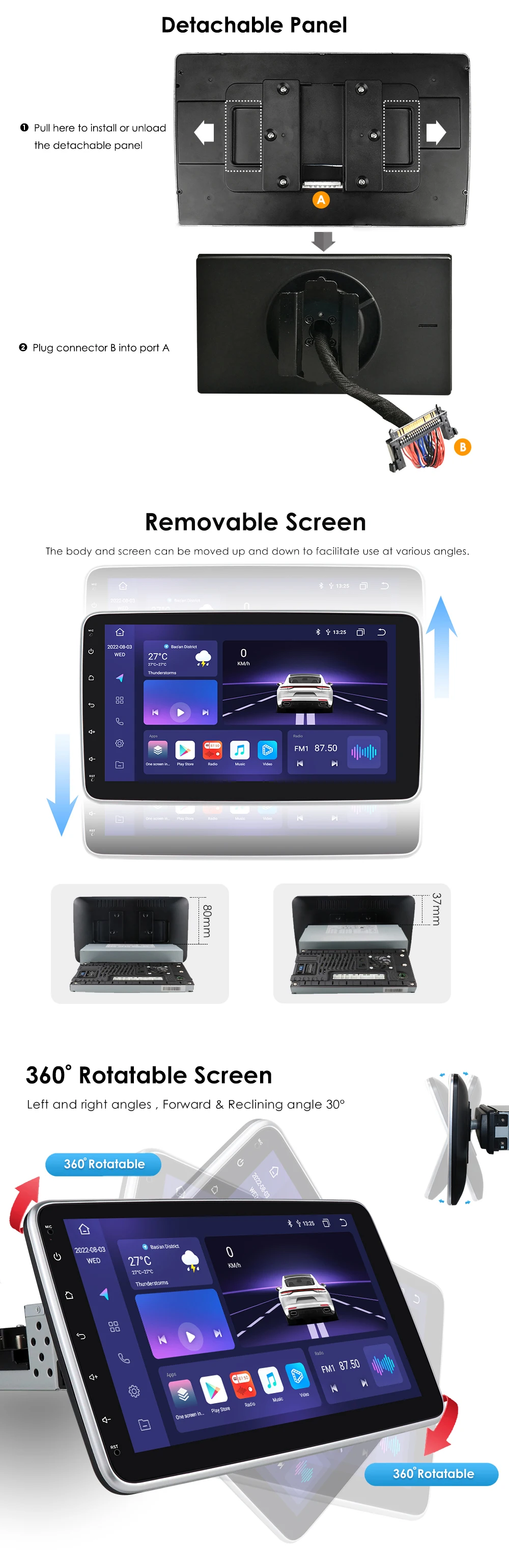 10.1" HIZPO 1Din Universal Android Auto Car Radio 360° Rotatable Screen Multimedia Headunit 4G CarPlay RDS DSP GPS Navi