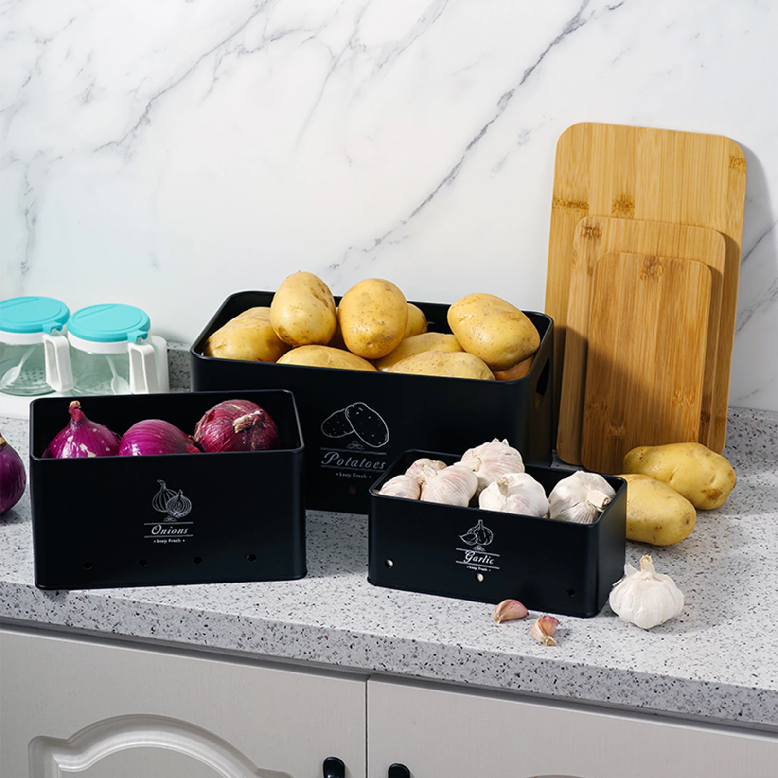SIAZIH 3 Pcs Onion Garlic Potato Storage Box Multipurpose Vegetable Metal Container with Bamboo Lid and Ventilation Holes