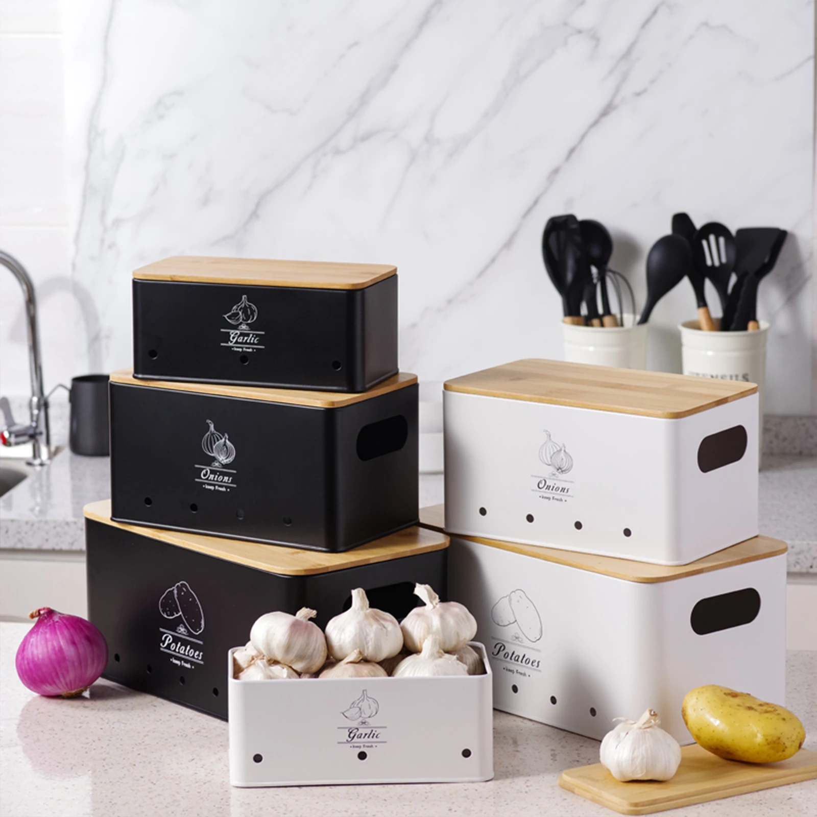 SIAZIH 3 Pcs Onion Garlic Potato Storage Box Multipurpose Vegetable Metal Container with Bamboo Lid and Ventilation Holes