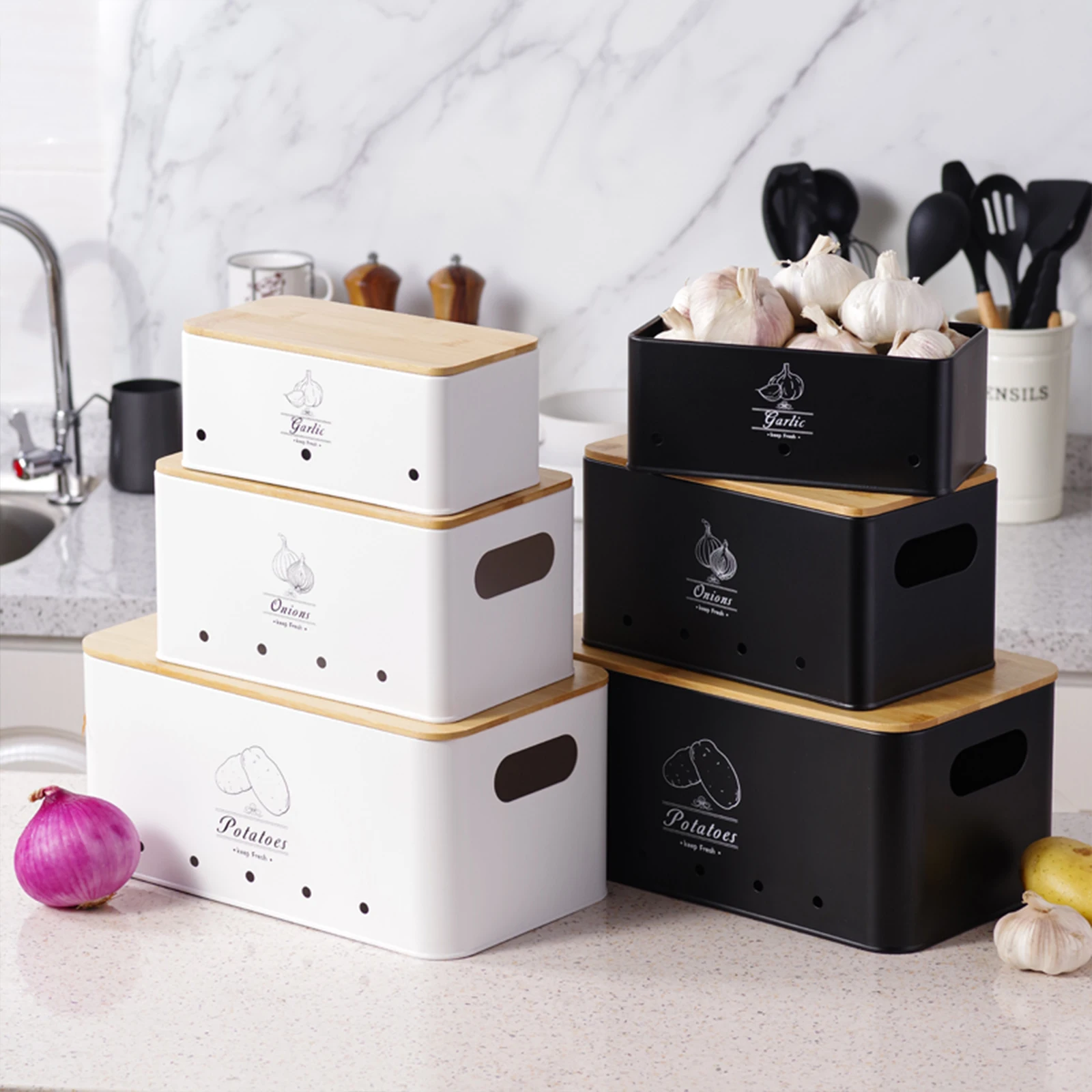 SIAZIH 3 Pcs Onion Garlic Potato Storage Box Multipurpose Vegetable Metal Container with Bamboo Lid and Ventilation Holes