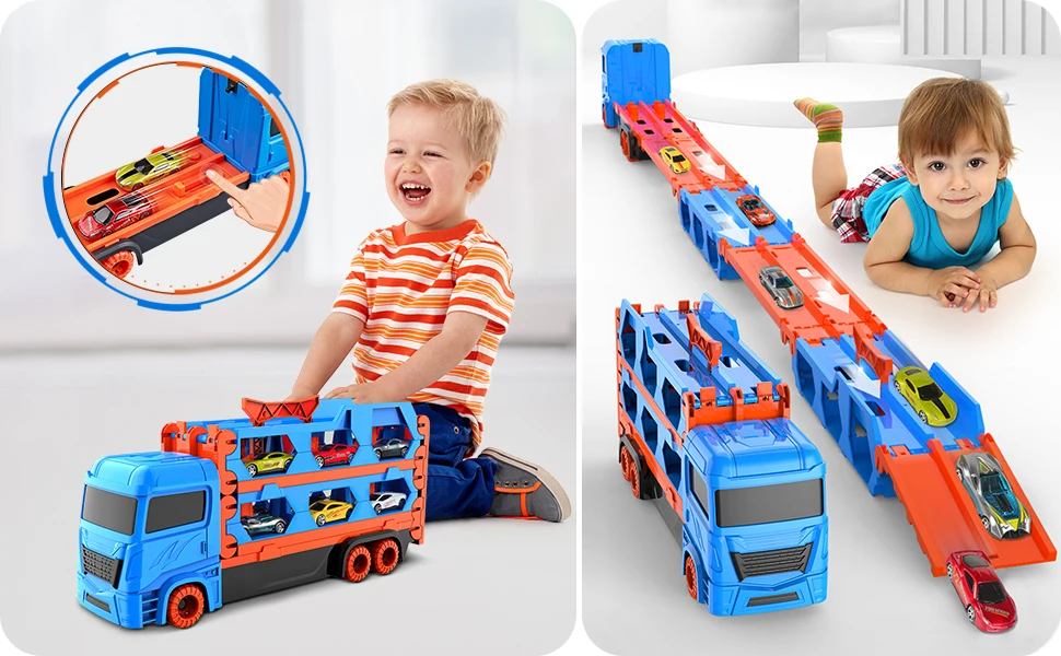 VATOS Transport Truck, 6pcs Racing Cars for 3 4 5 6 Year Old Boys, Portable, Best Gift for Kids.