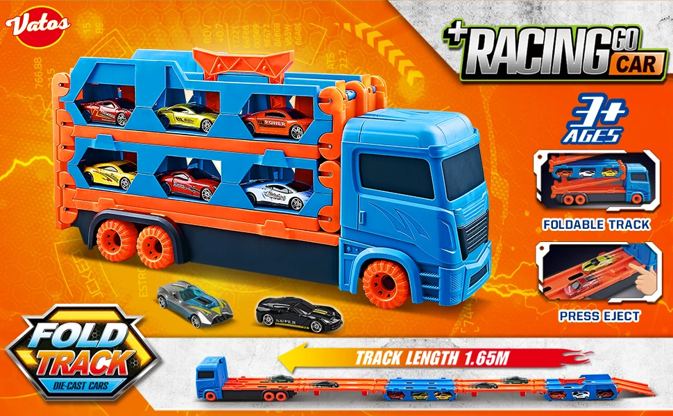 VATOS Transport Truck, 6pcs Racing Cars for 3 4 5 6 Year Old Boys, Portable, Best Gift for Kids.