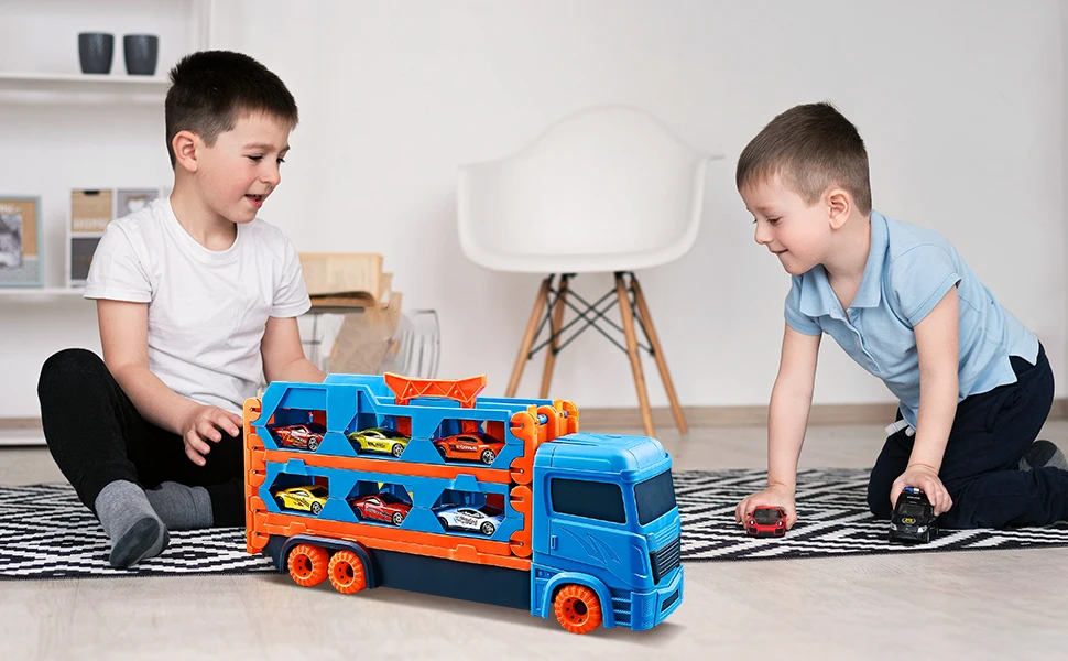 VATOS Transport Truck, 6pcs Racing Cars for 3 4 5 6 Year Old Boys, Portable, Best Gift for Kids.