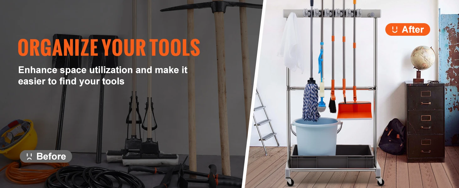 SucceBuy Garden Tool Organizer Yard Tool Tower Rack 10 Slots with Hook & Wheels Broom Storage for Garage Outdoor Organization