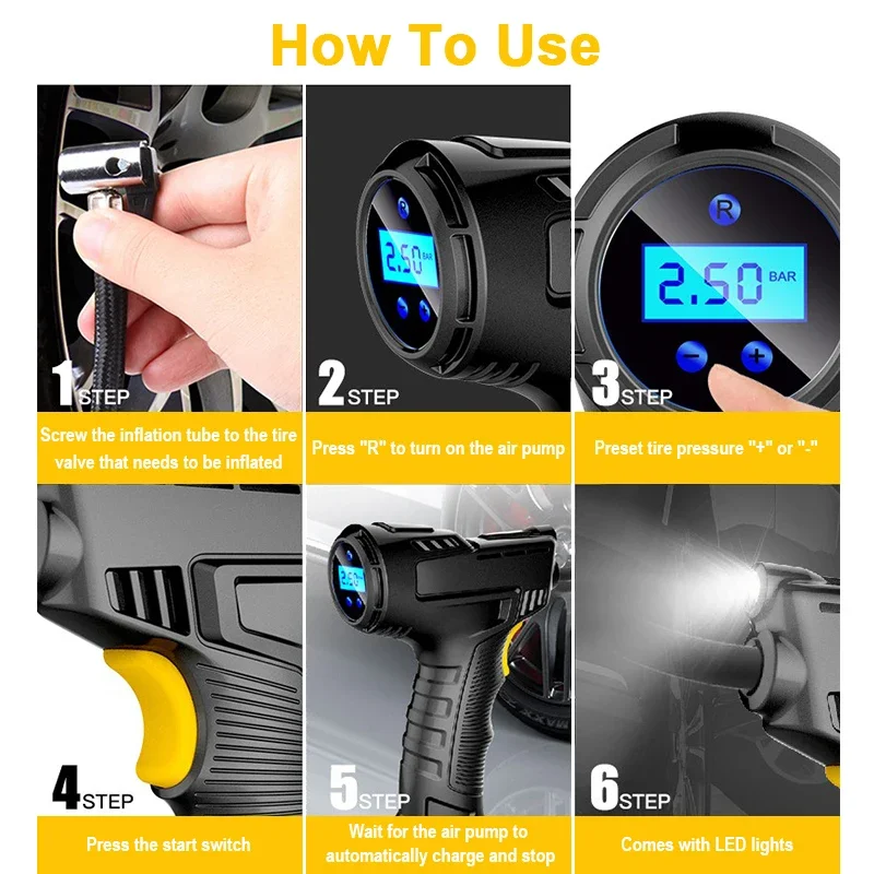 120W Wireless/Wired Handheld Air Compressor Inflatable Pump Portable Air Pump Tire Inflator Digital for Car Bicycle Balls