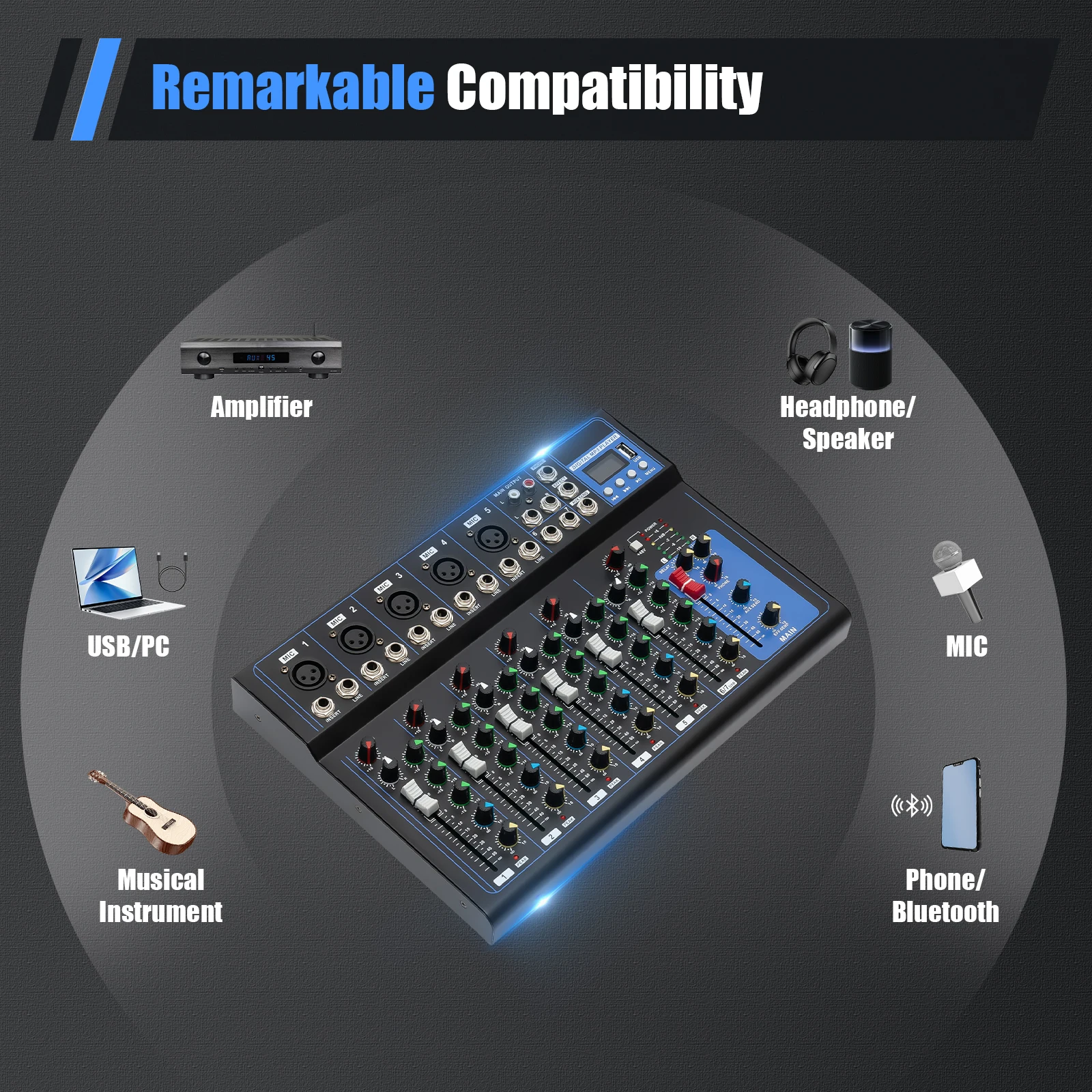7/8-Channel Professioneller Mixer, Soundboard Konsole with Bluetooth USB PC Recording Input XLR Microphone Jack