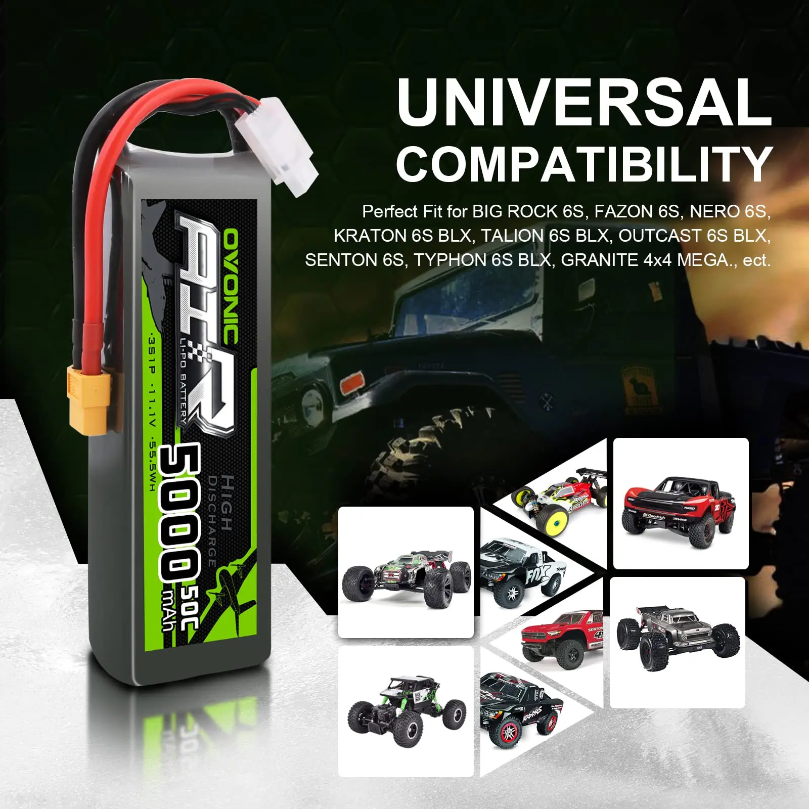 OVONIC 3S LipoBattery 50C 5000mAh 11.1V RC with XT60 Plug for RC Car Boat Truck Aeroplane Quadcopter One Additional TRX Plug (2P