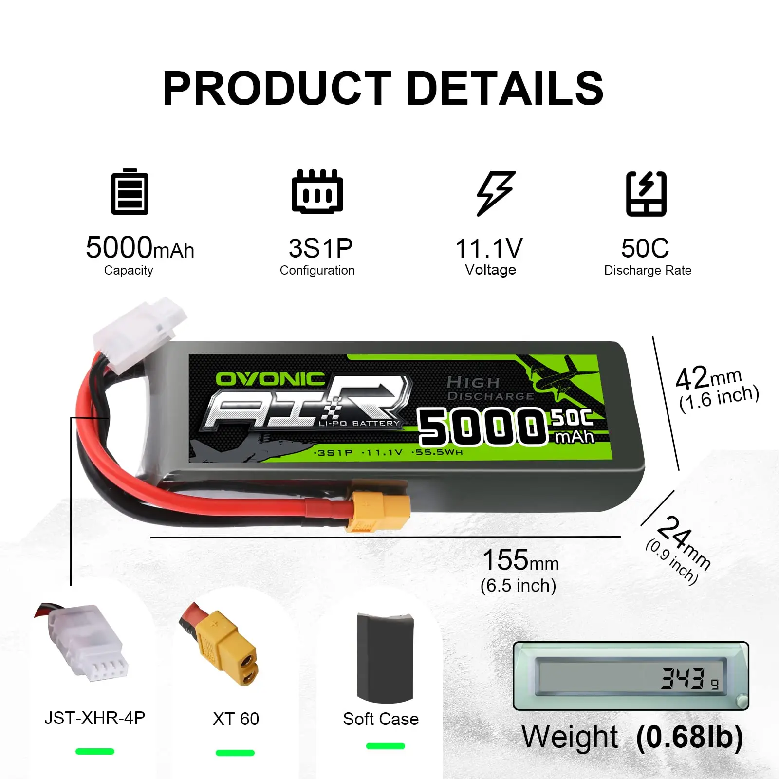 OVONIC 3S LipoBattery 50C 5000mAh 11.1V RC with XT60 Plug for RC Car Boat Truck Aeroplane Quadcopter One Additional TRX Plug (2P