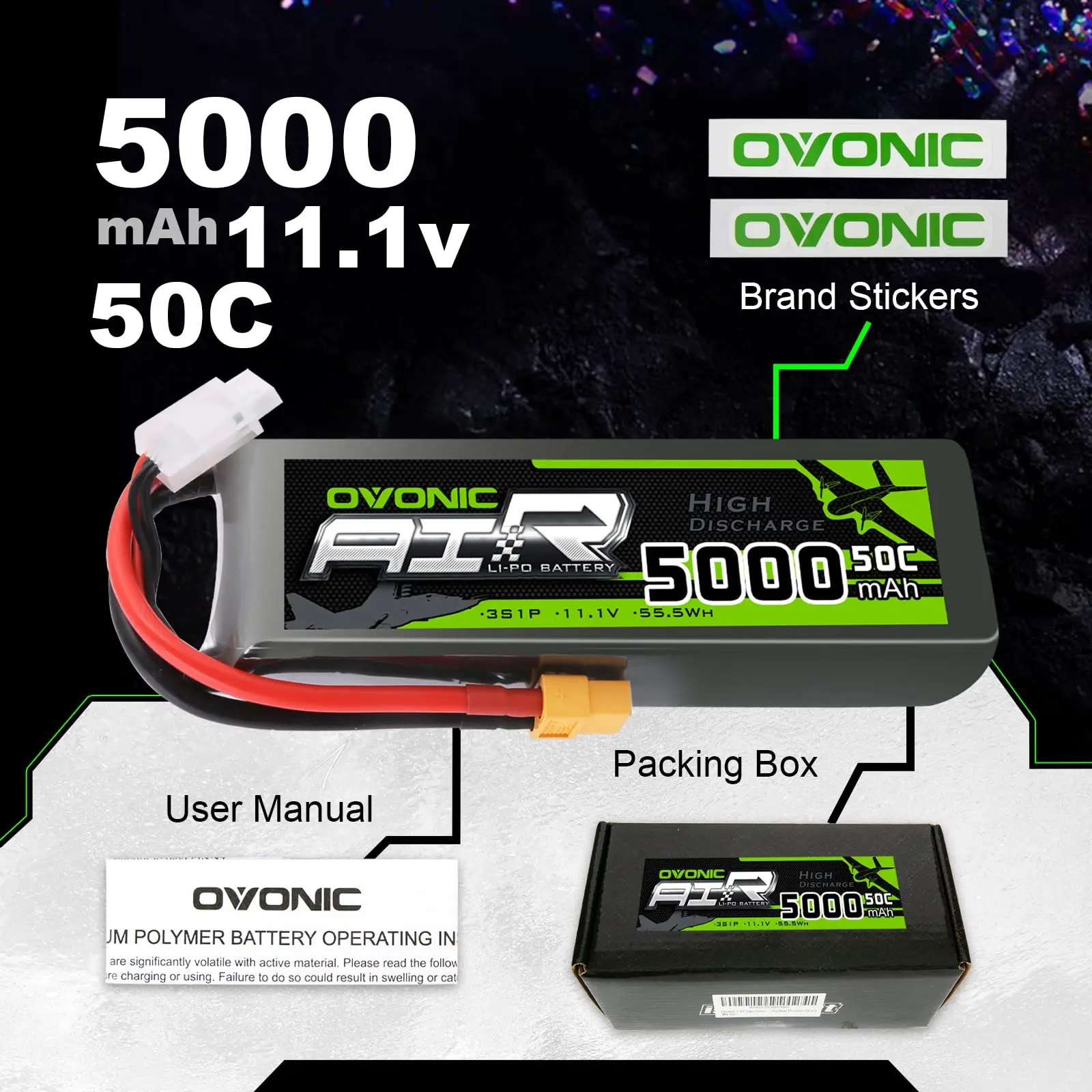 OVONIC 3S LipoBattery 50C 5000mAh 11.1V RC with XT60 Plug for RC Car Boat Truck Aeroplane Quadcopter One Additional TRX Plug (2P