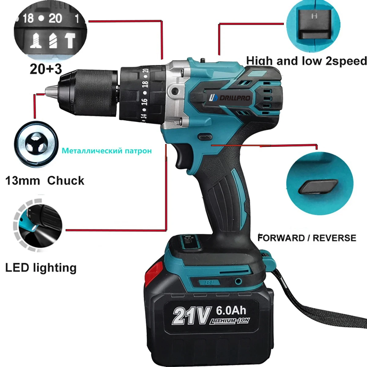 Drillpro 21V 13MM Brushless Electric Impact Drill 20+3 Torque Screwdriver Hammer Drill Power Tools With 2 Battery
