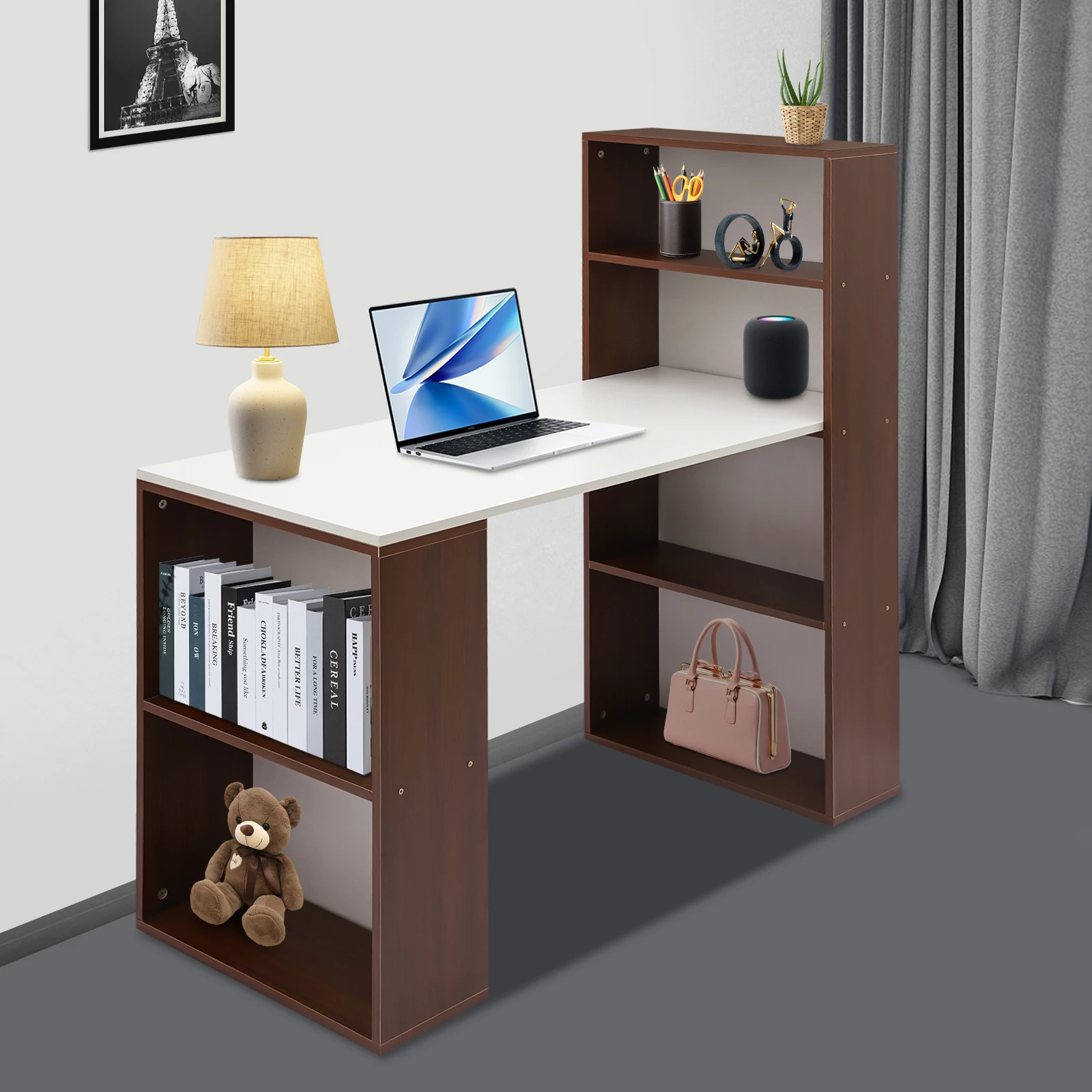 Desk Wear-Resistant Computer Table with Shelves Easy to Clean Office Table with Bookshelf for Bedrooms/Living Rooms/Study Rooms