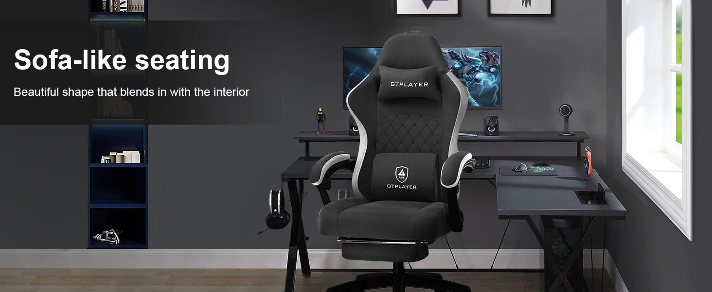 GTPLAYER Gaming Stuhl Ergonomischer Gaming Sessel Schreibtischstuhl mit Stoffoberfläche, Federsitzkissen, Verbindungsarmlehnen