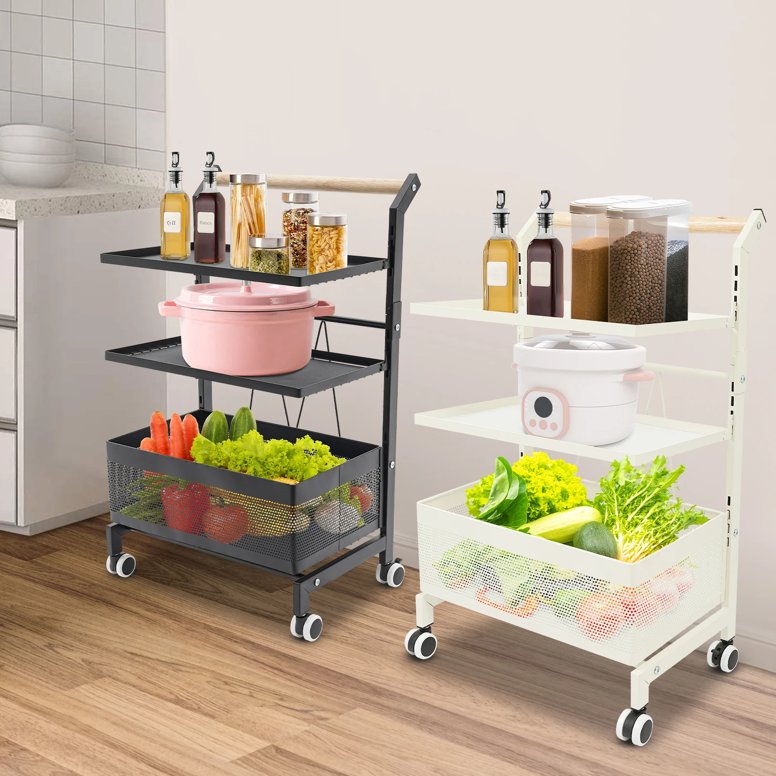 Storage Rack Trolley White/Black Rust-Resistant Food Trolley with Wheels for Kitchen/Living Room/Bedroom/Dormitory/Bathroom