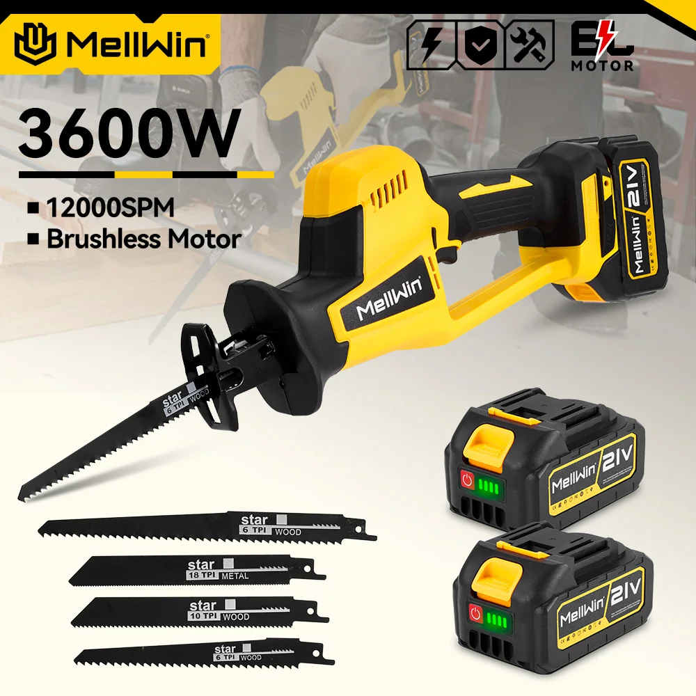 MELLWIN 3600W Brushless Electric Reciprocating Saw 12000SPM Wood Metal Pipe Cutting Sabre Saw Tool For Makita 18V Battery Pin