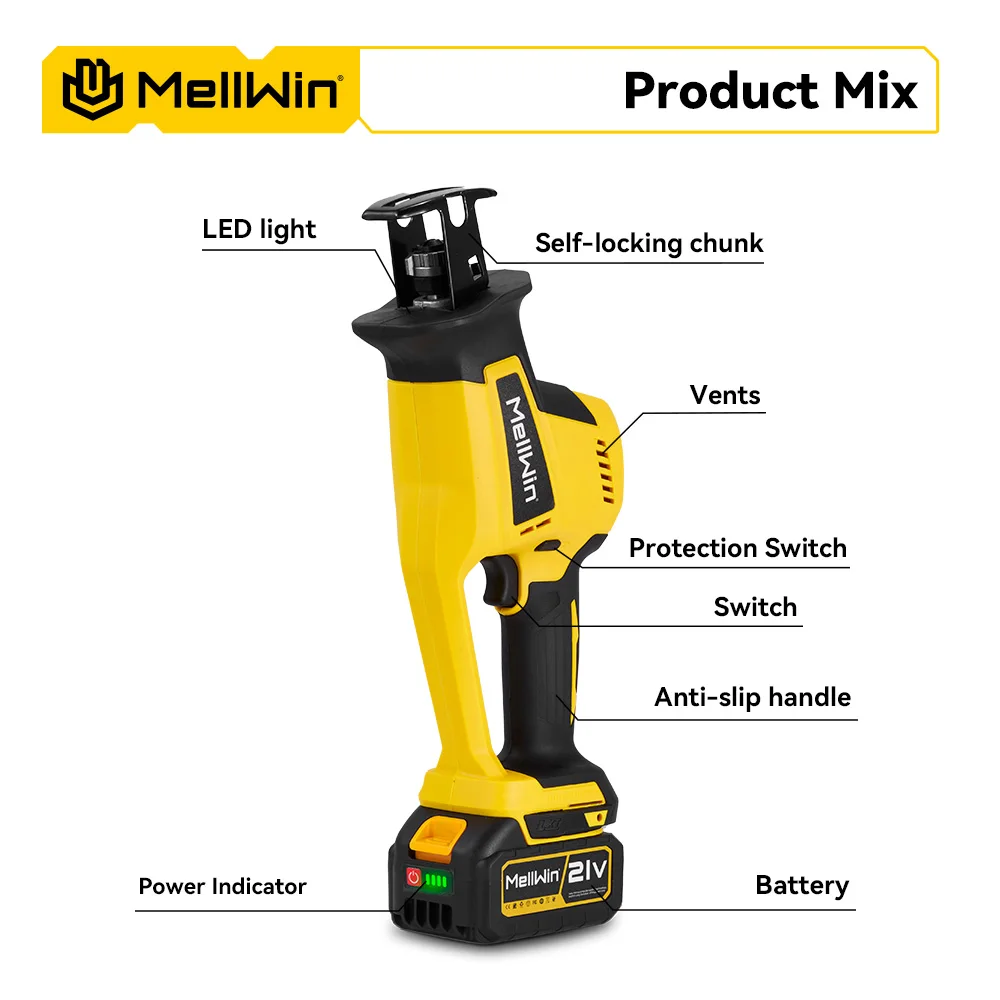 MELLWIN 3600W Brushless Electric Reciprocating Saw 12000SPM Wood Metal Pipe Cutting Sabre Saw Tool For Makita 18V Battery Pin