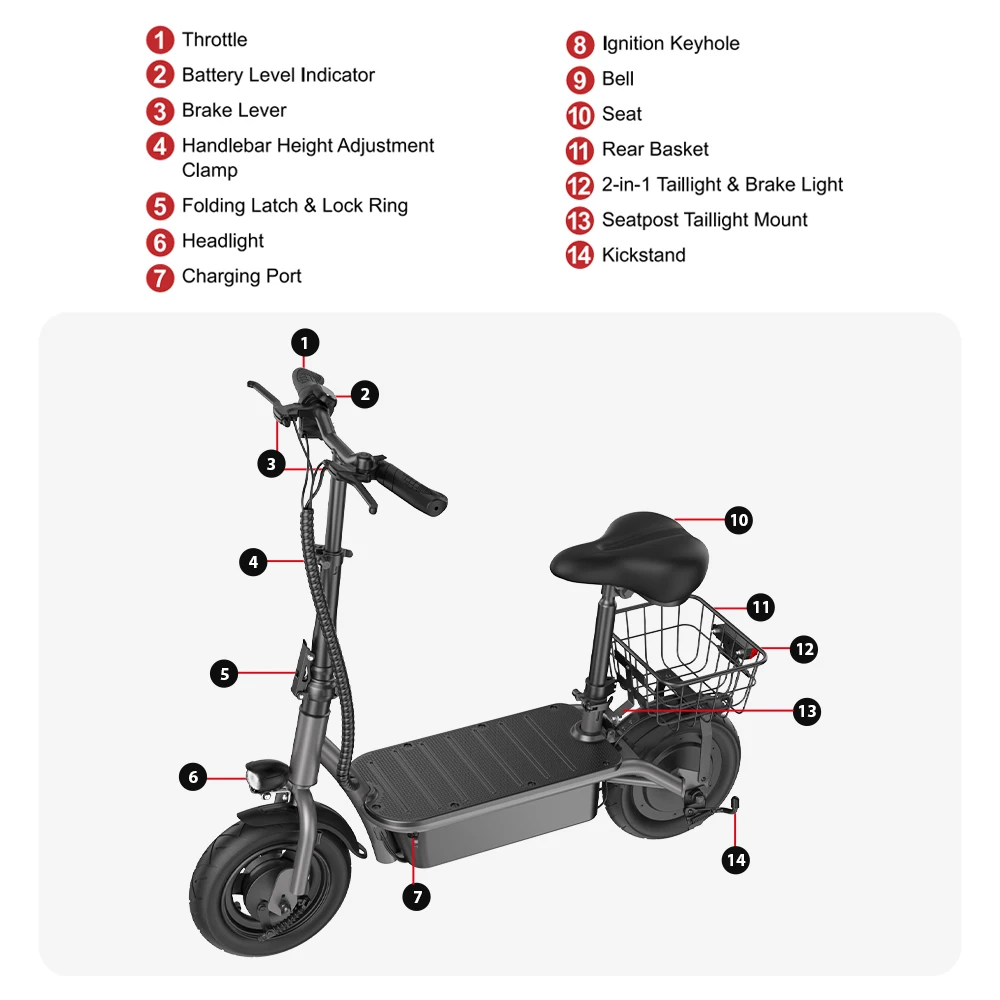iScooter F2 10 inch Electric Scooter 7.8Ah Foldable Scooters for Adults, Maximum Range 30KM, with Seat and Basket