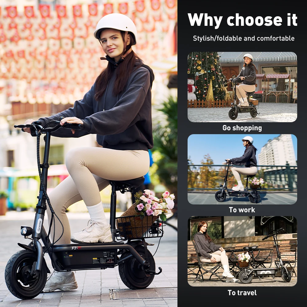iScooter F2 10 inch Electric Scooter 7.8Ah Foldable Scooters for Adults, Maximum Range 30KM, with Seat and Basket