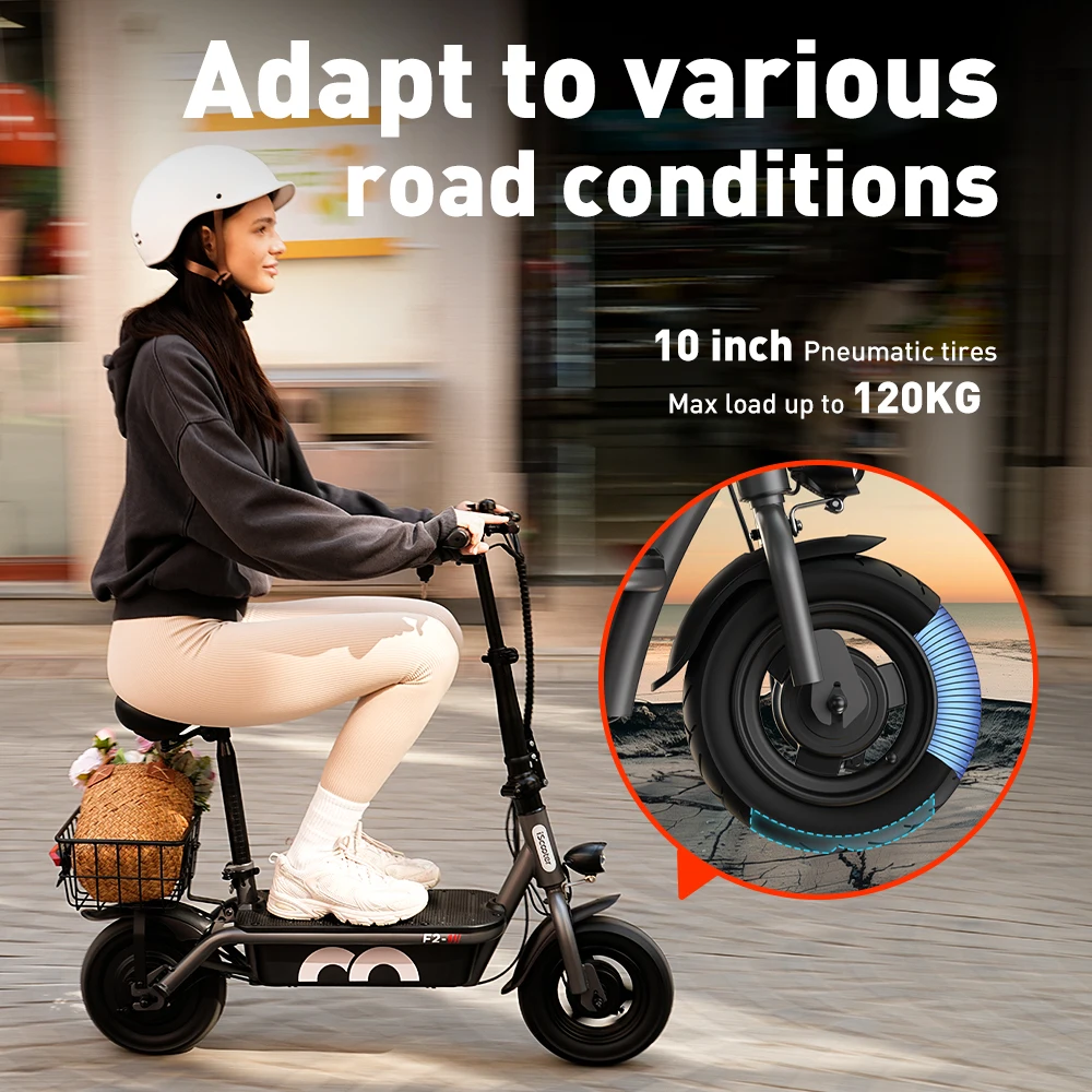 iScooter F2 10 inch Electric Scooter 7.8Ah Foldable Scooters for Adults, Maximum Range 30KM, with Seat and Basket