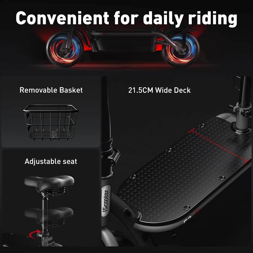iScooter F2 10 inch Electric Scooter 7.8Ah Foldable Scooters for Adults, Maximum Range 30KM, with Seat and Basket