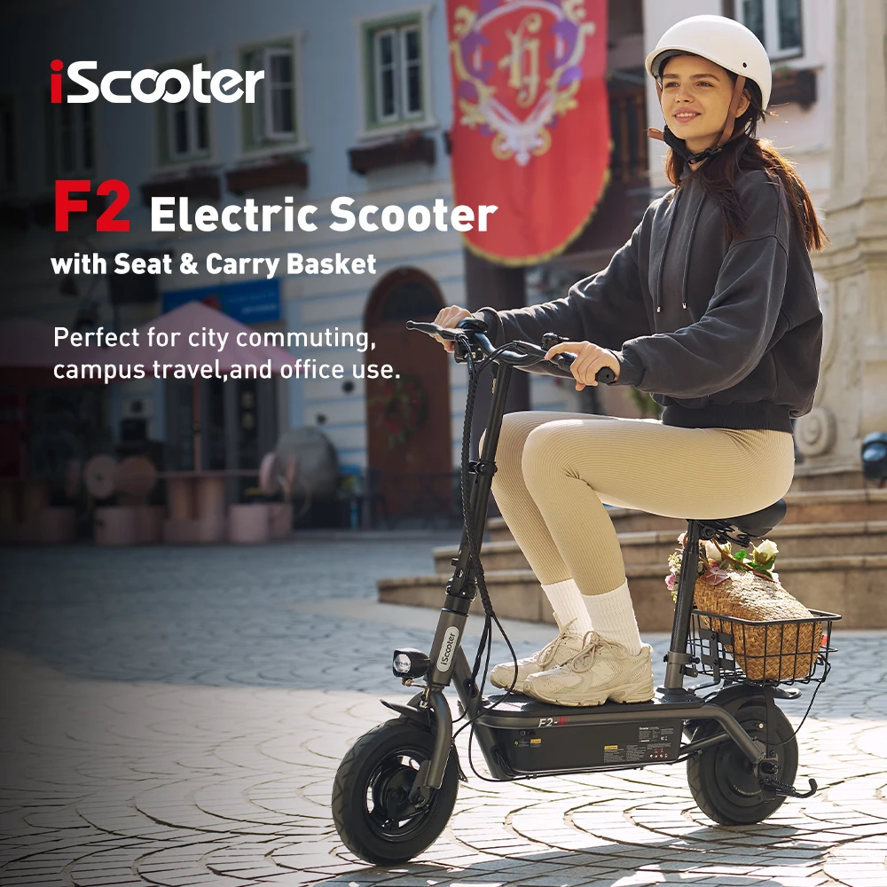 iScooter F2 10 inch Electric Scooter 7.8Ah Foldable Scooters for Adults, Maximum Range 30KM, with Seat and Basket