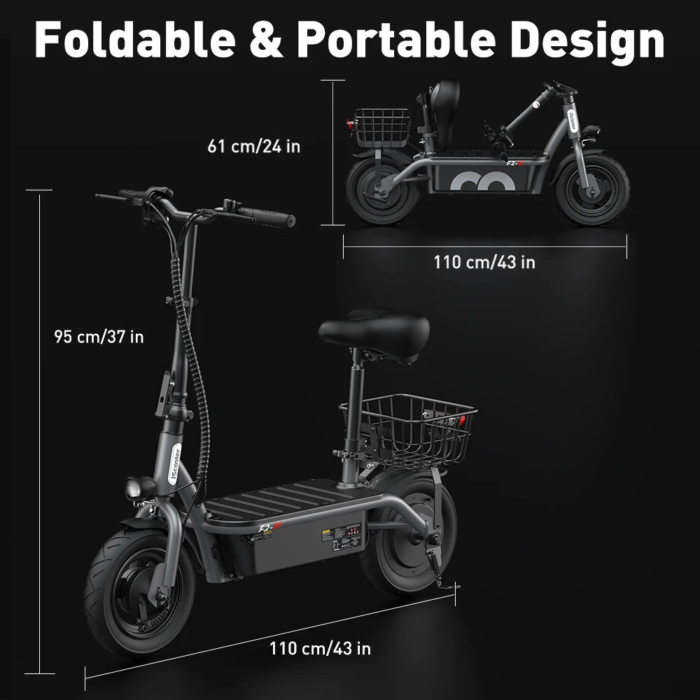 iScooter F2 10 inch Electric Scooter 7.8Ah Foldable Scooters for Adults, Maximum Range 30KM, with Seat and Basket