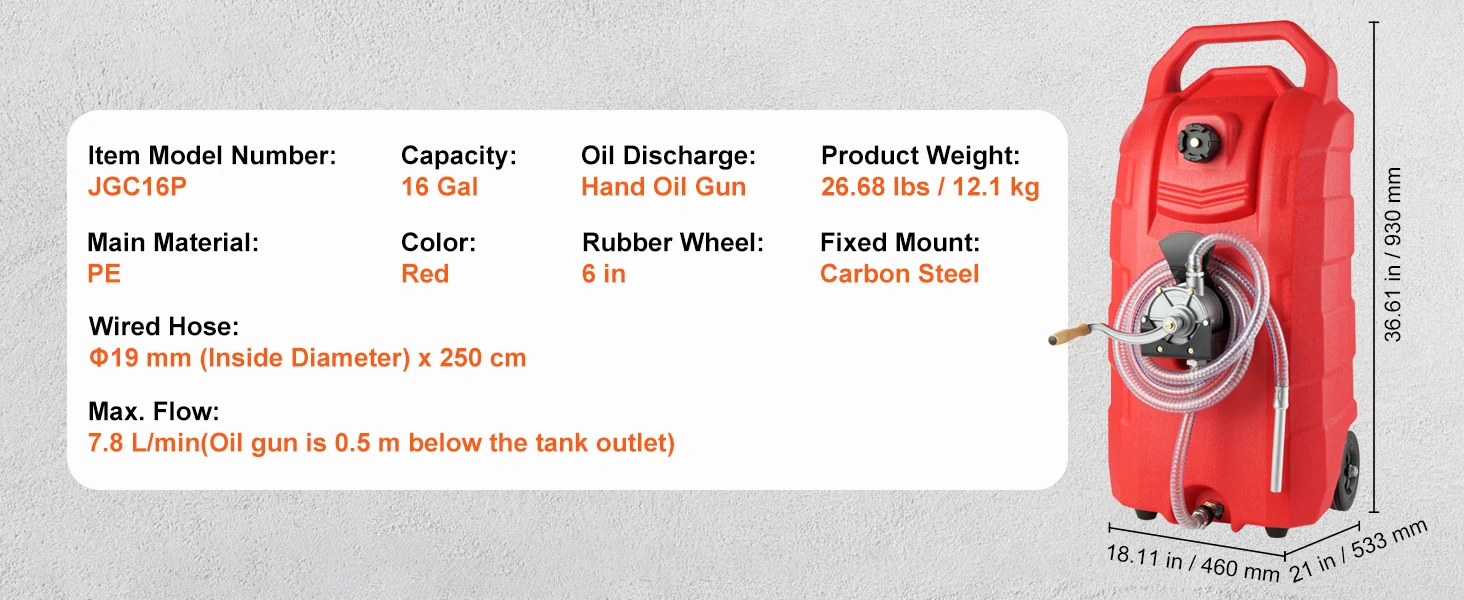 SucceBuy 16Gal Fuel Caddy 7.8 L/min Portable Gas Storage Tank Container with Hand Pump & Wheels Oil Transfer for Gasoline Diesel