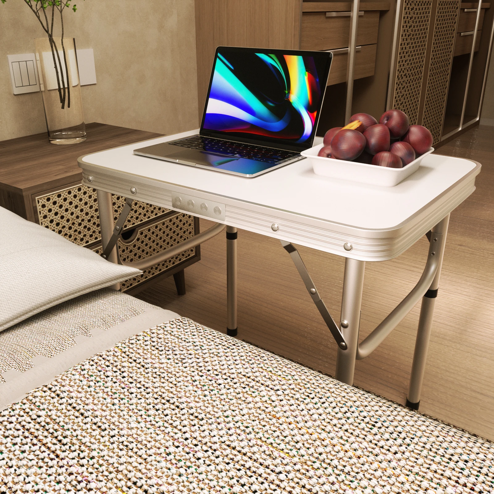 2FT Folding Computer Desk for Small Spaces, Height Adjustable PC Laptop Bed Side Table 60x45x26/56cm(2x1.5x1/2ft) White
