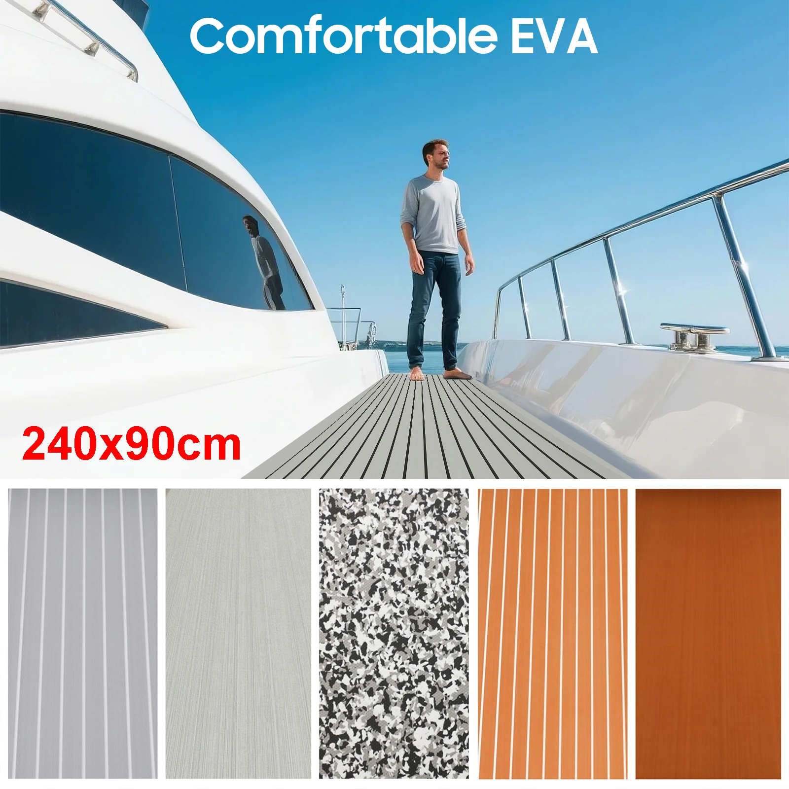 240cm×90cm EVA Foam Teak Floor Mat for Boat Deck RV Yacht Self-Adhesive Water-proof Non-slip Cuttable Upgrade Not Easy to Deform