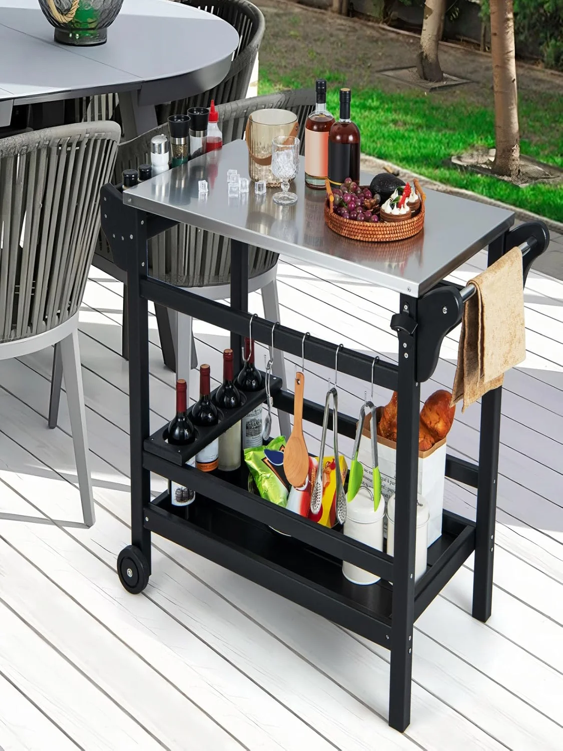 Barbecue Trolley Made of HDPE, Grill Table with Spice Tray, Wine Bottle Rack, Handle & 2 Wheels, Stainless Steel Worktop