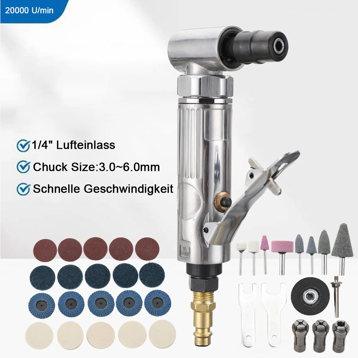 Compressed Air Angle Grinder 90° Rod Polisher Grinder 1/4 Inch Micro Air Die Grinder Kit With Sanding Discs
