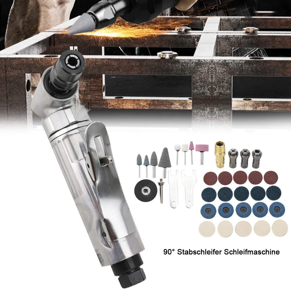 Compressed Air Angle Grinder 90° Rod Polisher Grinder 1/4 Inch Micro Air Die Grinder Kit With Sanding Discs