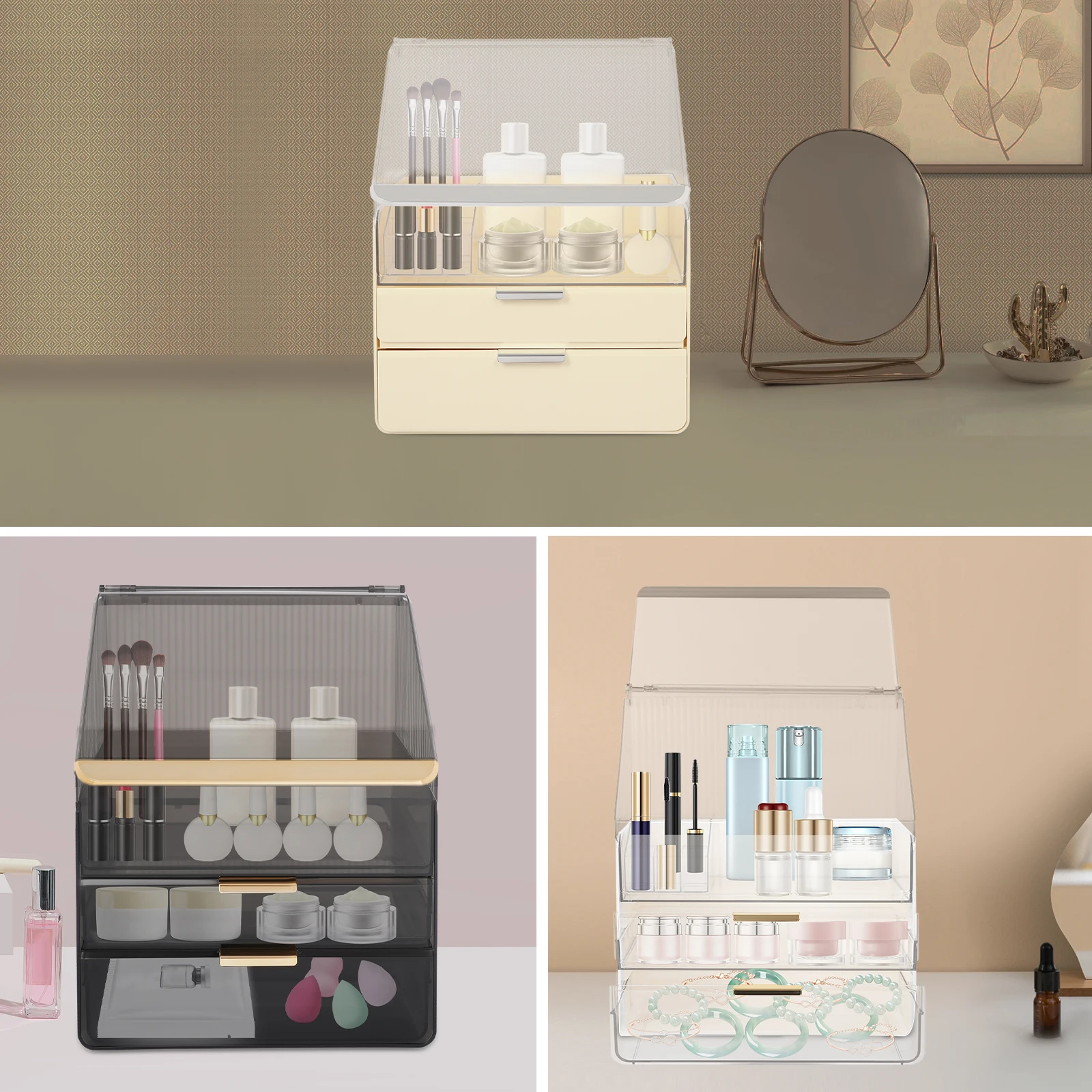 Modern Rectangular Makeup Organizer Cosmetic Organizer Removable Design Cosmetics Organizer with Lid and Drawers