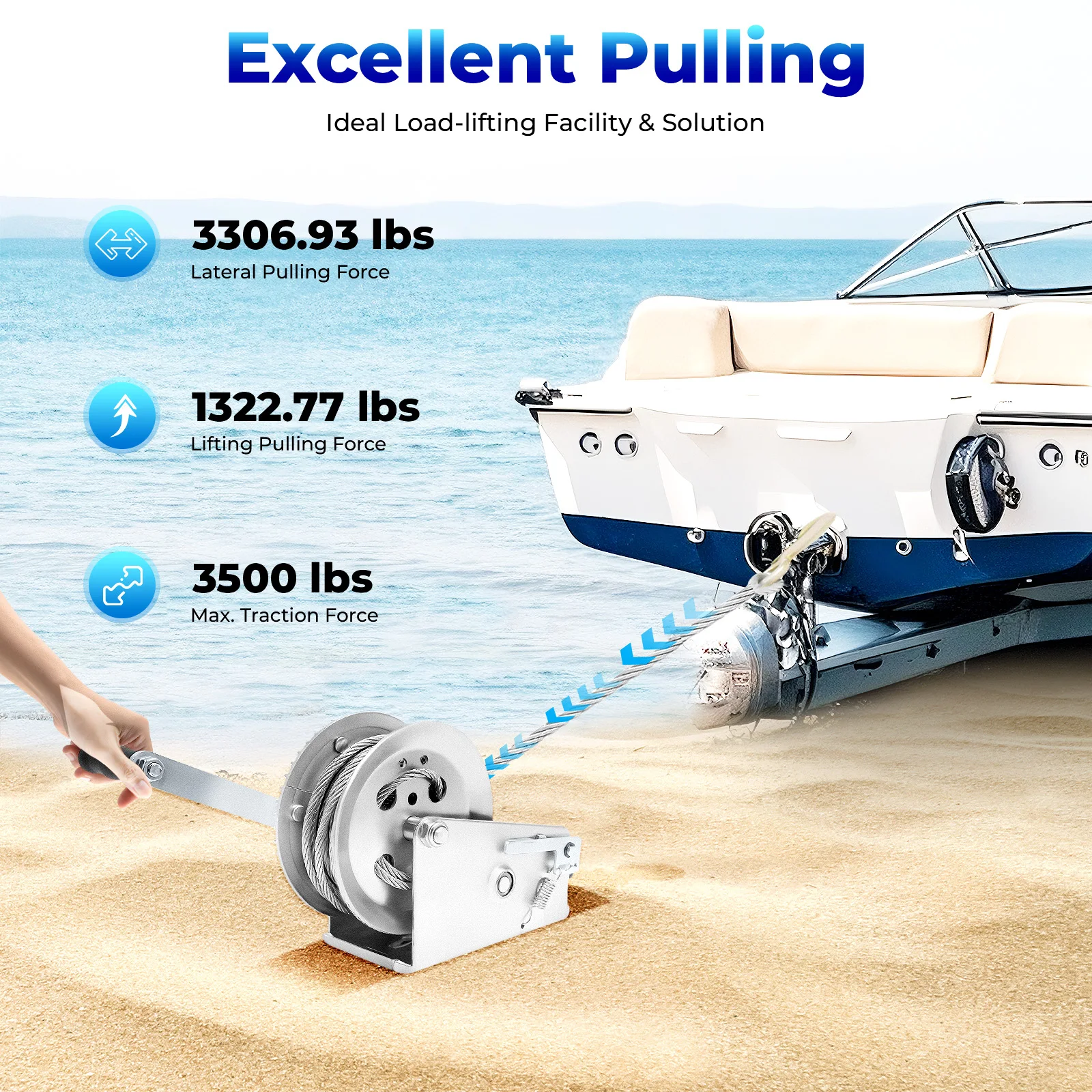 Manual Winch 3500lbs Max Pulling Force, Silver Steel Construction Manual Winch, 4:1/8:1 Gear Ratio, for Trucks Trailers Boats