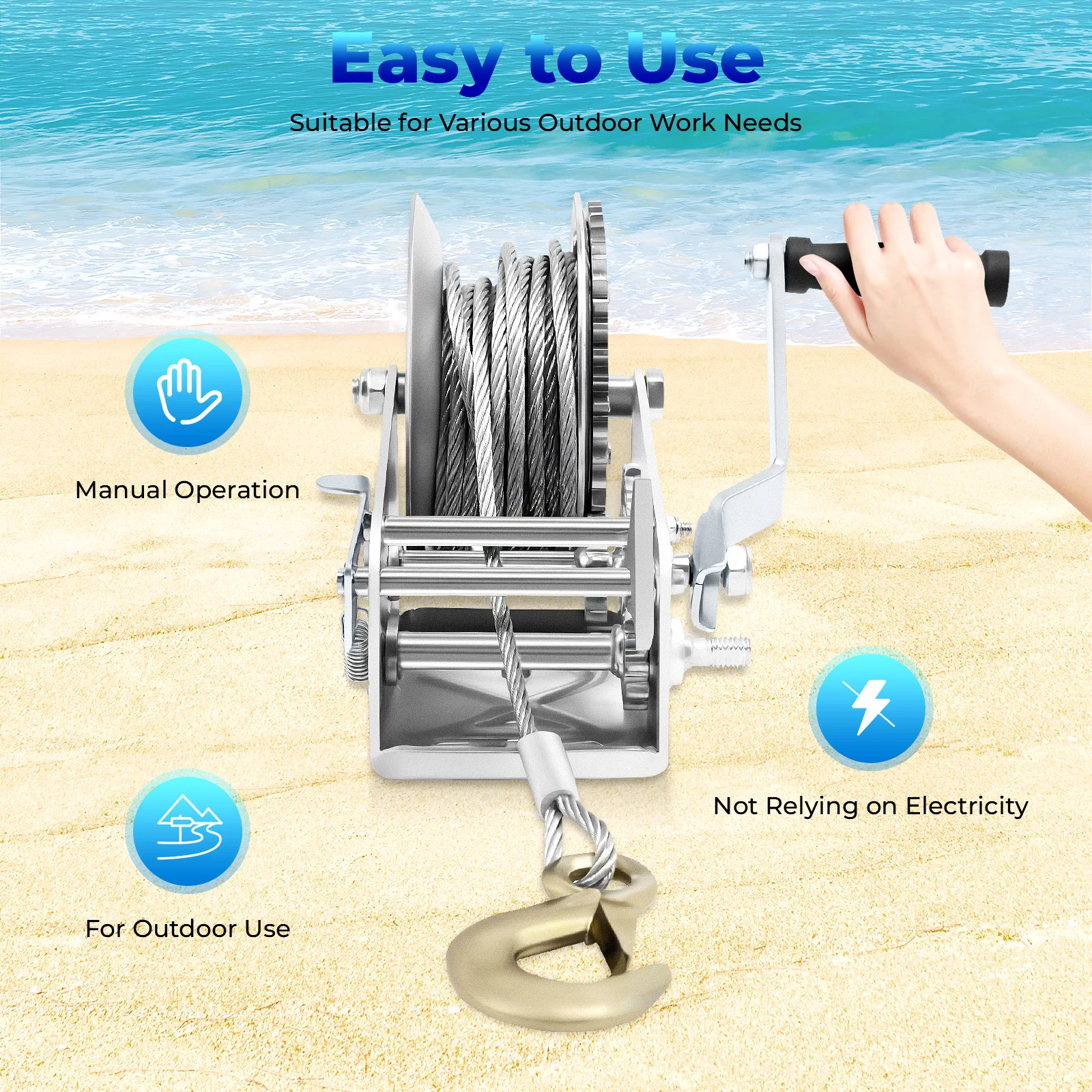 Manual Winch 3500lbs Max Pulling Force, Silver Steel Construction Manual Winch, 4:1/8:1 Gear Ratio, for Trucks Trailers Boats