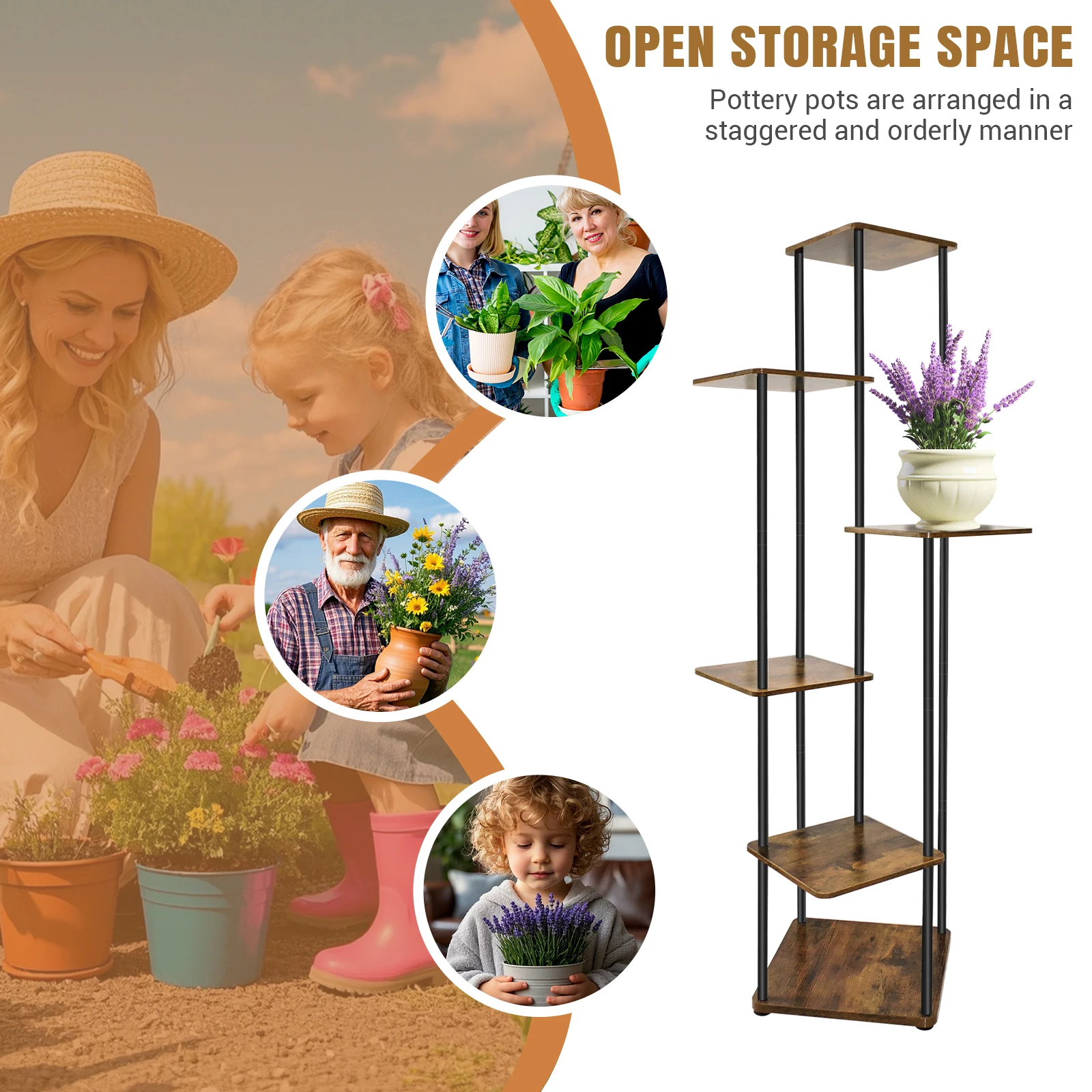 4/5/6-Tier Plant Stand with Wooden Shelves, Metal Corner Flower Shelf for Indoor Outdoor Use - Garden, Porch, Balcony