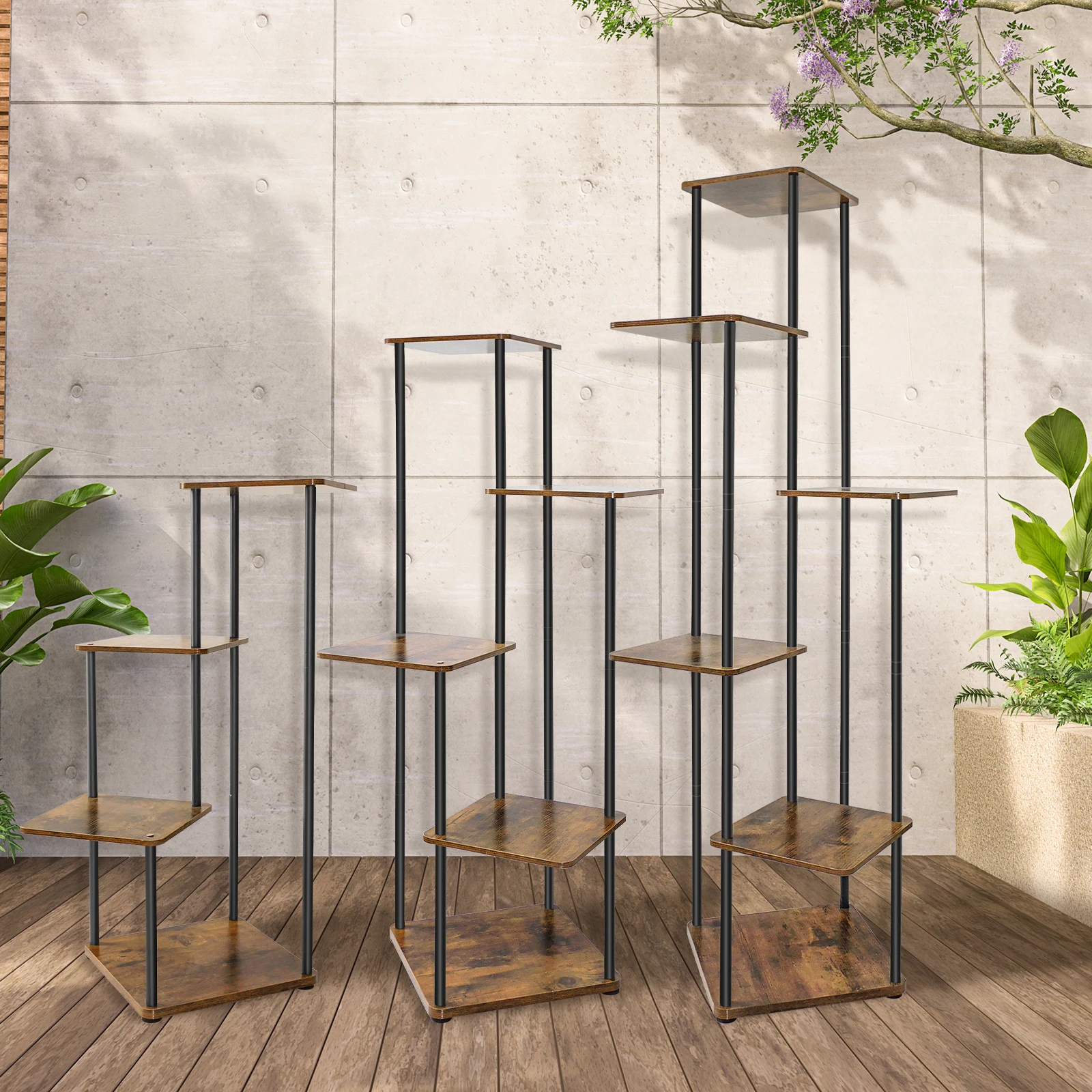 4/5/6-Tier Plant Stand with Wooden Shelves, Metal Corner Flower Shelf for Indoor Outdoor Use - Garden, Porch, Balcony
