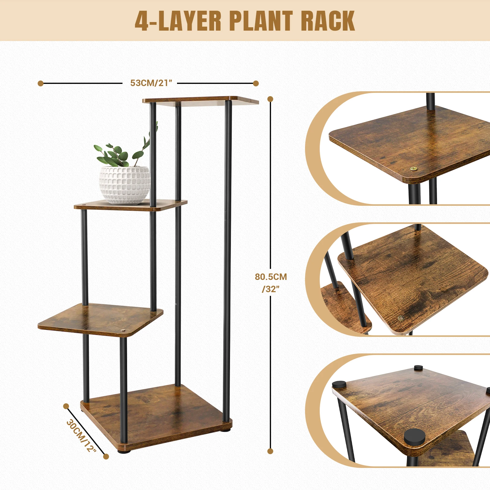 4/5/6-Tier Plant Stand with Wooden Shelves, Metal Corner Flower Shelf for Indoor Outdoor Use - Garden, Porch, Balcony