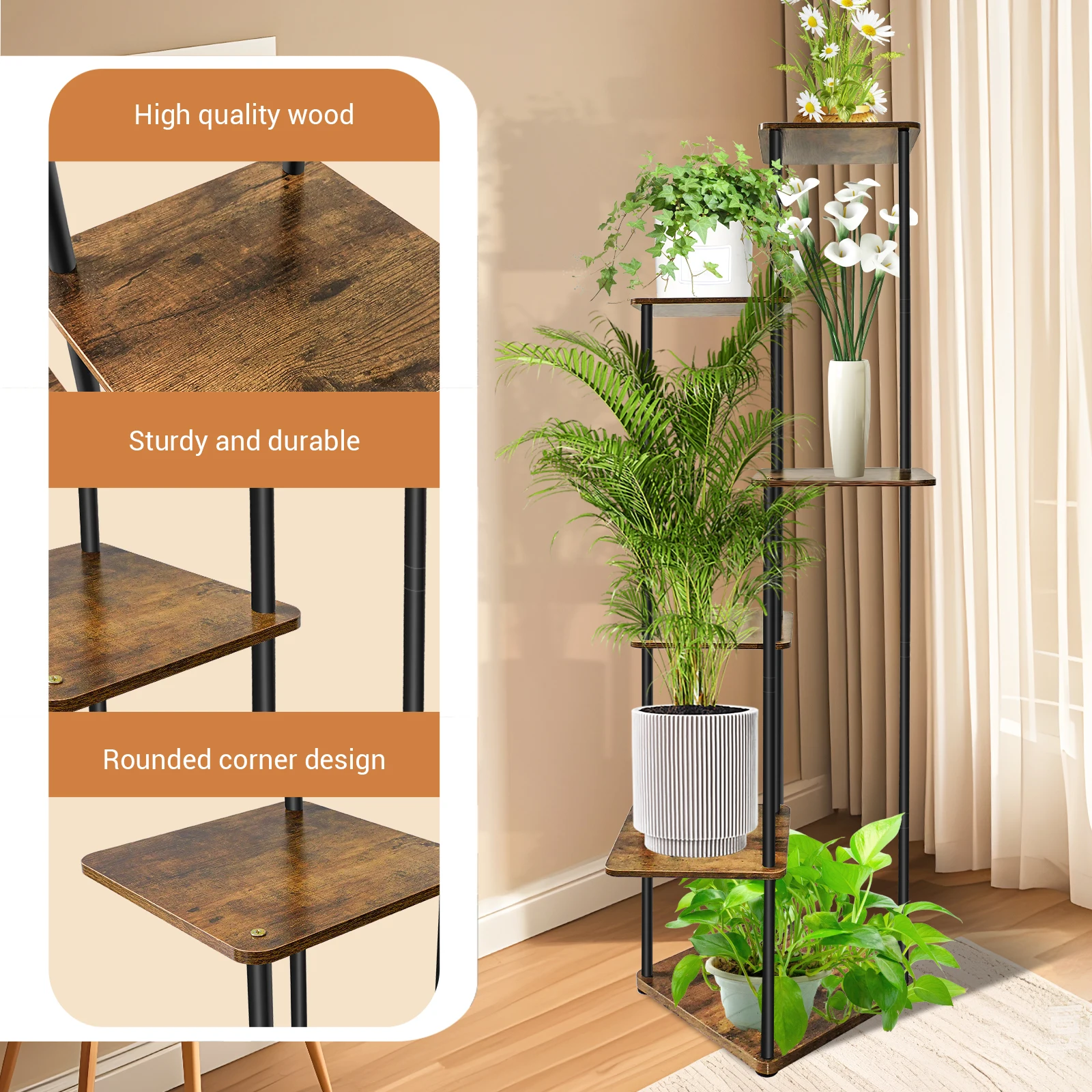 4/5/6-Tier Plant Stand with Wooden Shelves, Metal Corner Flower Shelf for Indoor Outdoor Use - Garden, Porch, Balcony