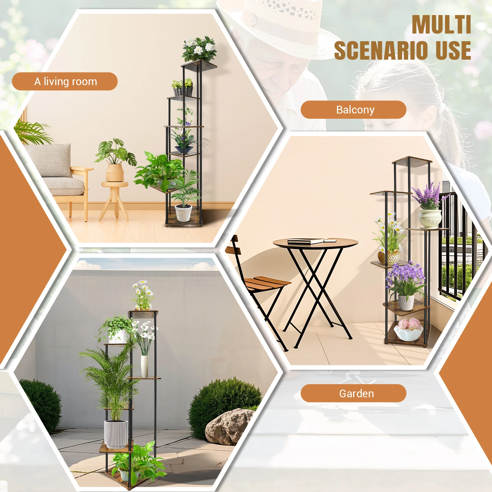4/5/6-Tier Plant Stand with Wooden Shelves, Metal Corner Flower Shelf for Indoor Outdoor Use - Garden, Porch, Balcony