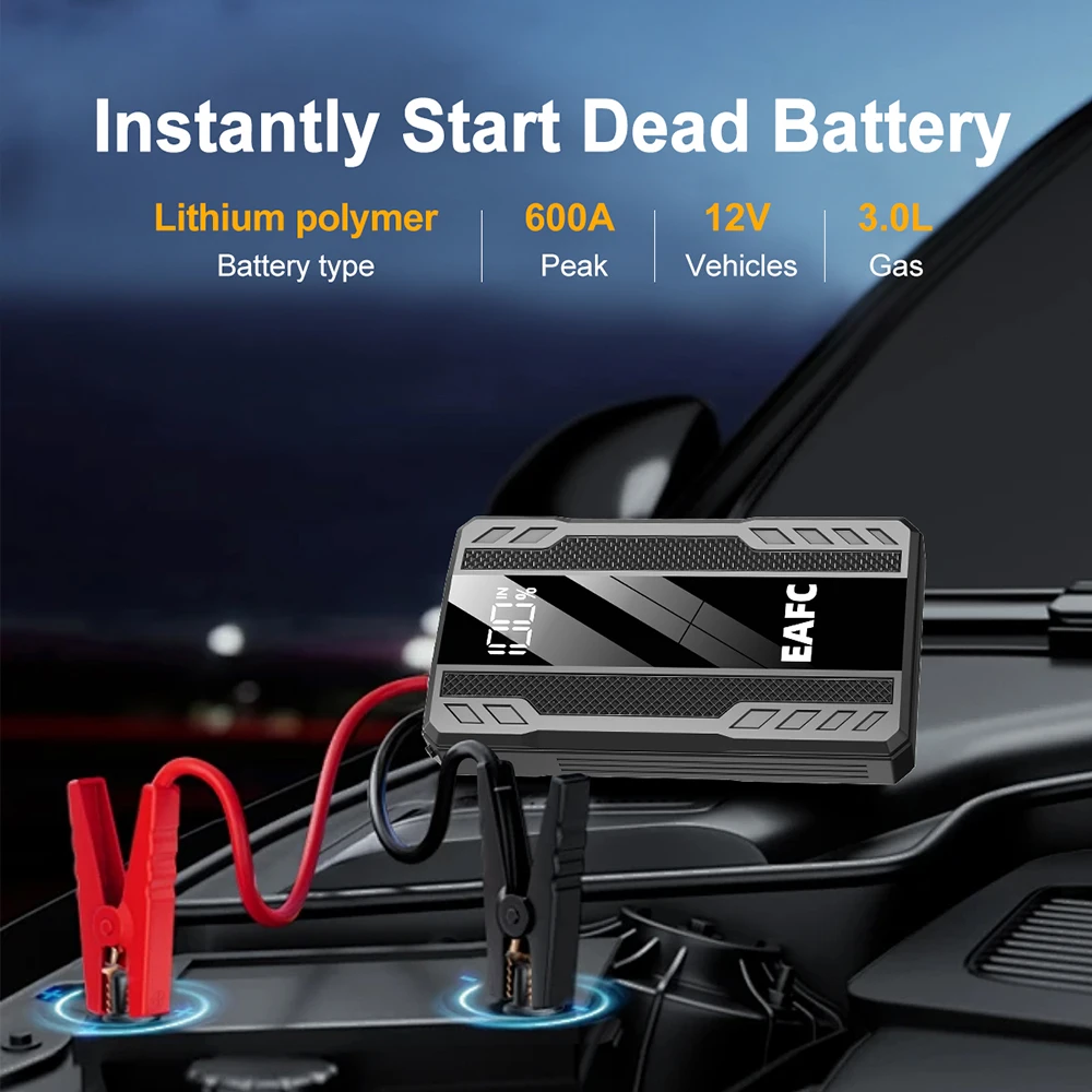 EAFC 12V 600A-Jump Starter car jump starter with LED display-3 in 1 device: LED flashlight, power bank and emergency starting booster for gasoline engines up to 3.0L