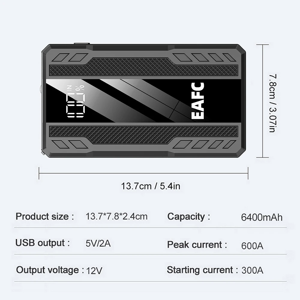EAFC 12V 600A-Jump Starter car jump starter with LED display-3 in 1 device: LED flashlight, power bank and emergency starting booster for gasoline engines up to 3.0L