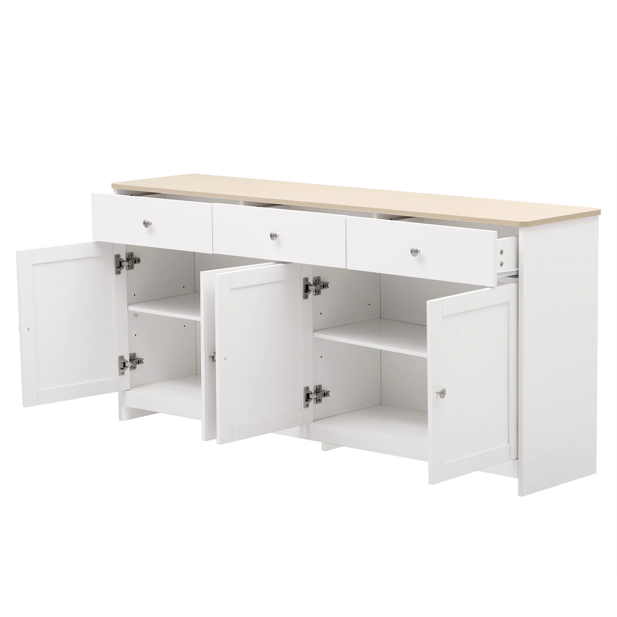 Sideboard with white wood carving, four doors, with three drawers, living room, dining room. Wood color and white