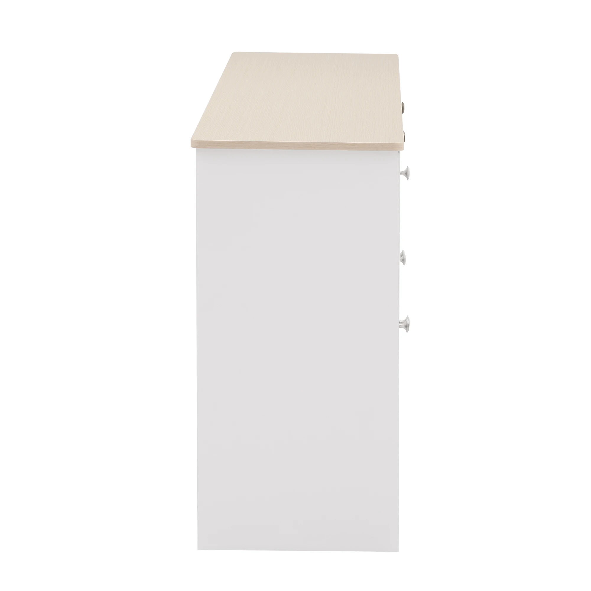 Sideboard with white wood carving, four doors, with three drawers, living room, dining room. Wood color and white