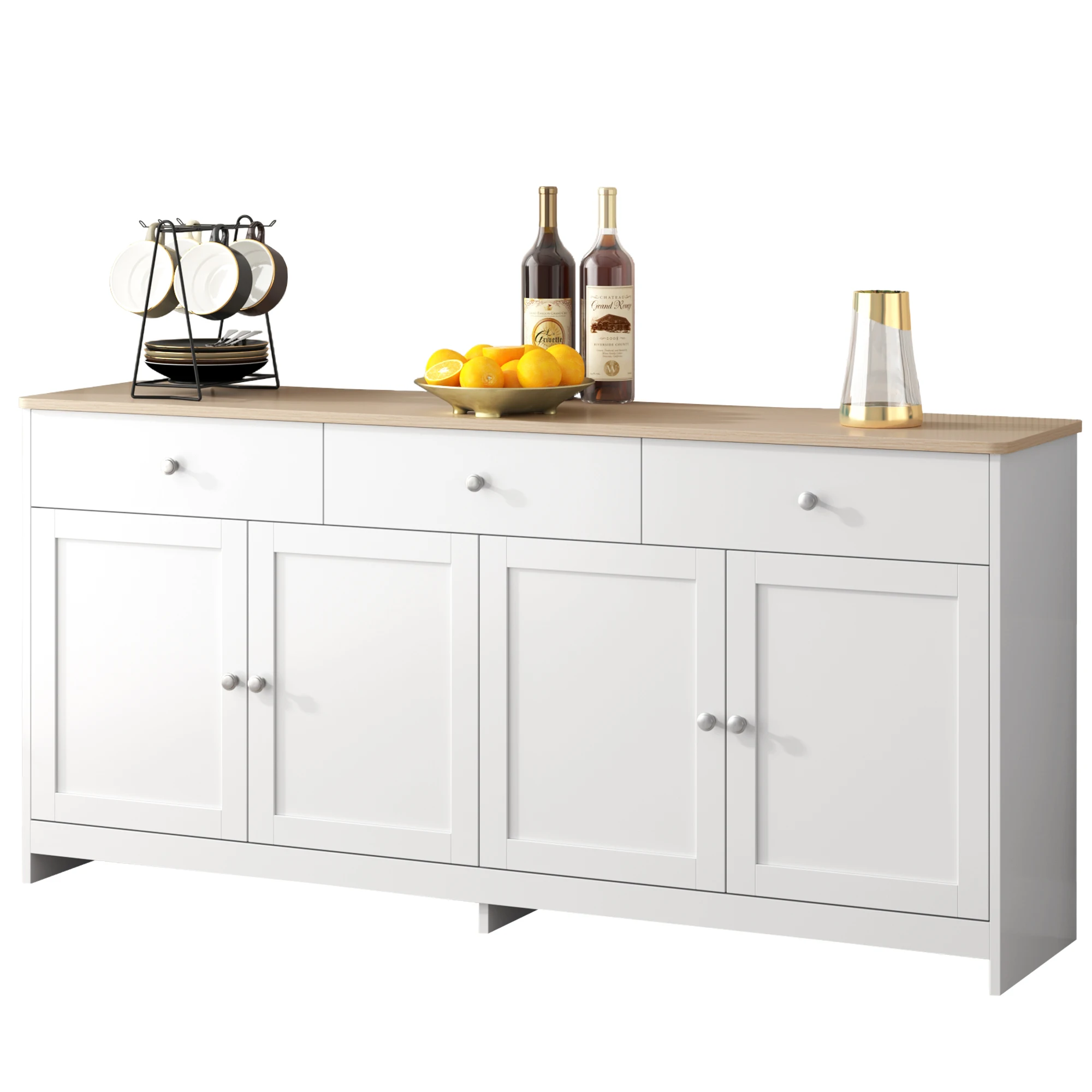 Sideboard with white wood carving, four doors, with three drawers, living room, dining room. Wood color and white