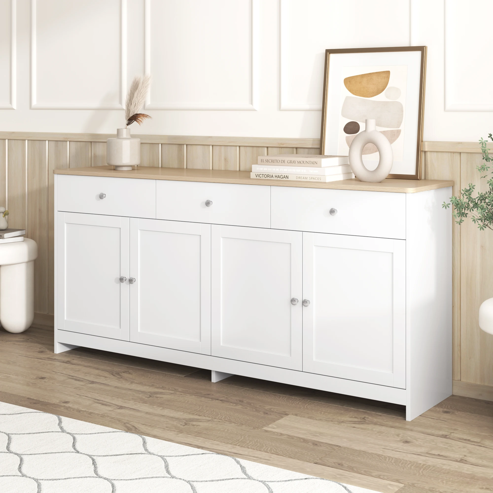 Sideboard with white wood carving, four doors, with three drawers, living room, dining room. Wood color and white