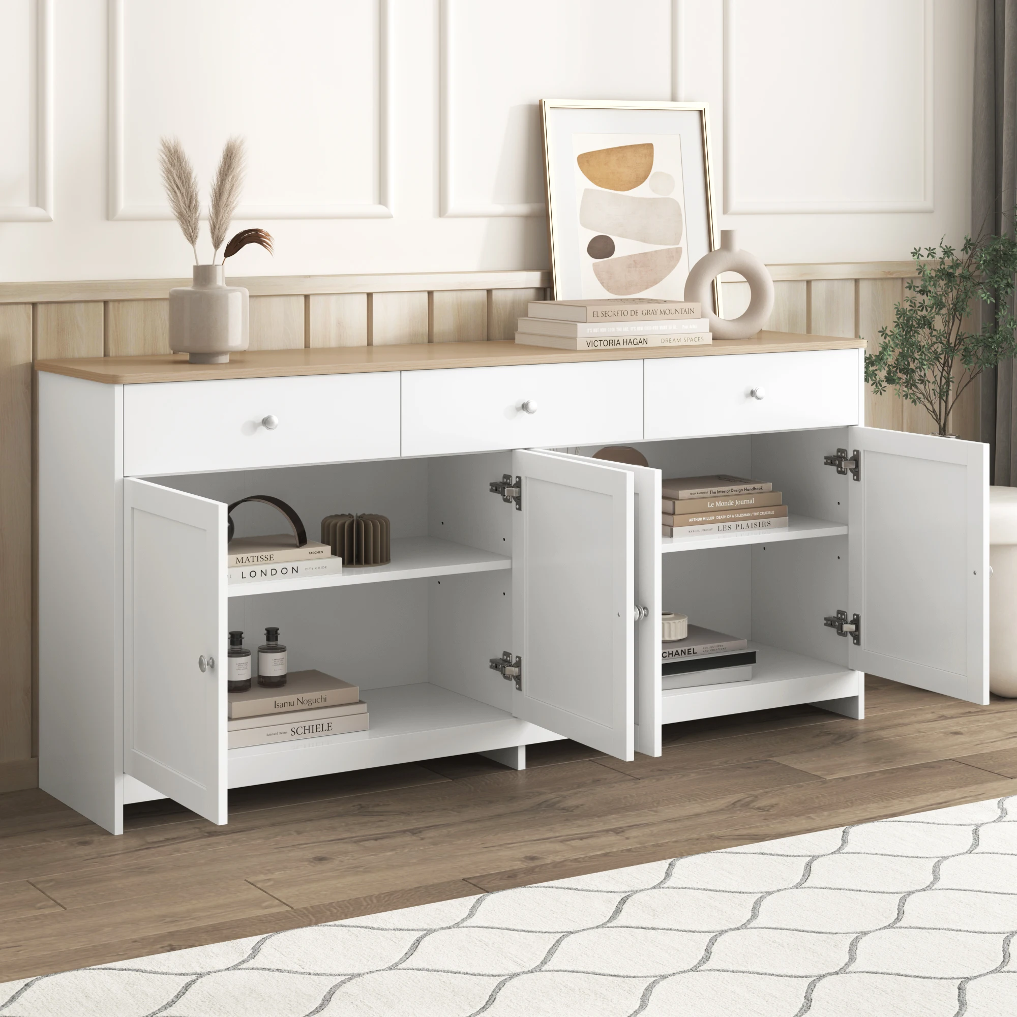 Sideboard with white wood carving, four doors, with three drawers, living room, dining room. Wood color and white