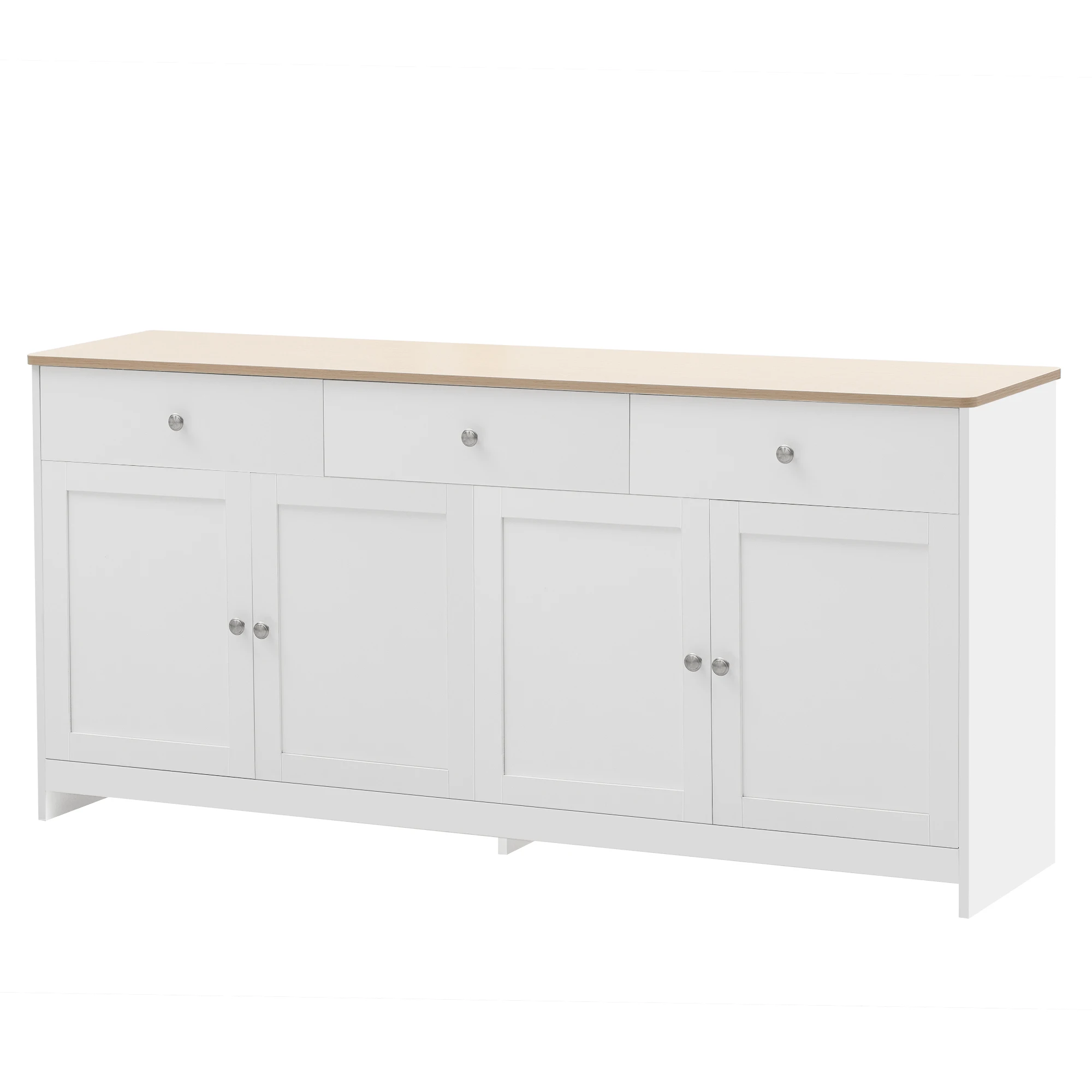 Sideboard with white wood carving, four doors, with three drawers, living room, dining room. Wood color and white