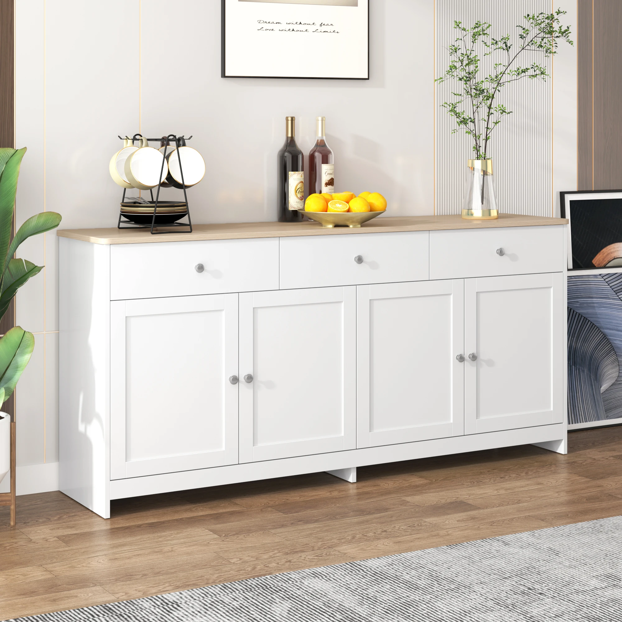 Sideboard with white wood carving, four doors, with three drawers, living room, dining room. Wood color and white